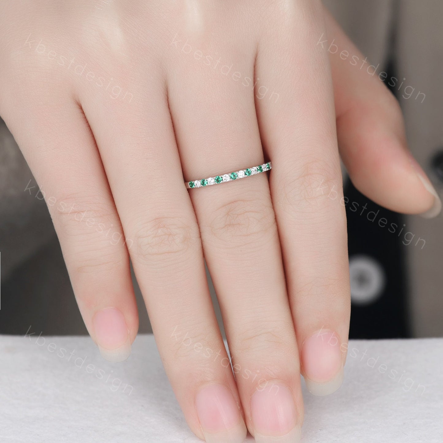 Half Eternity Emerald Wedding Band 1.5mm Emerald Moissanite Wedding Band May Birthstone Ring Pave Stacking Band Anniversary Gift for Her