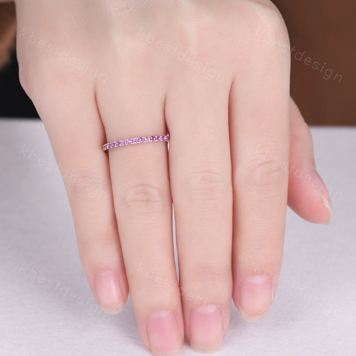 1.5mm Pink Tourmaline Wedding Band Half Eternity Stacking Band Minimalist Ring Silver Rings for Women Pave Matching Band Anniversary Ring