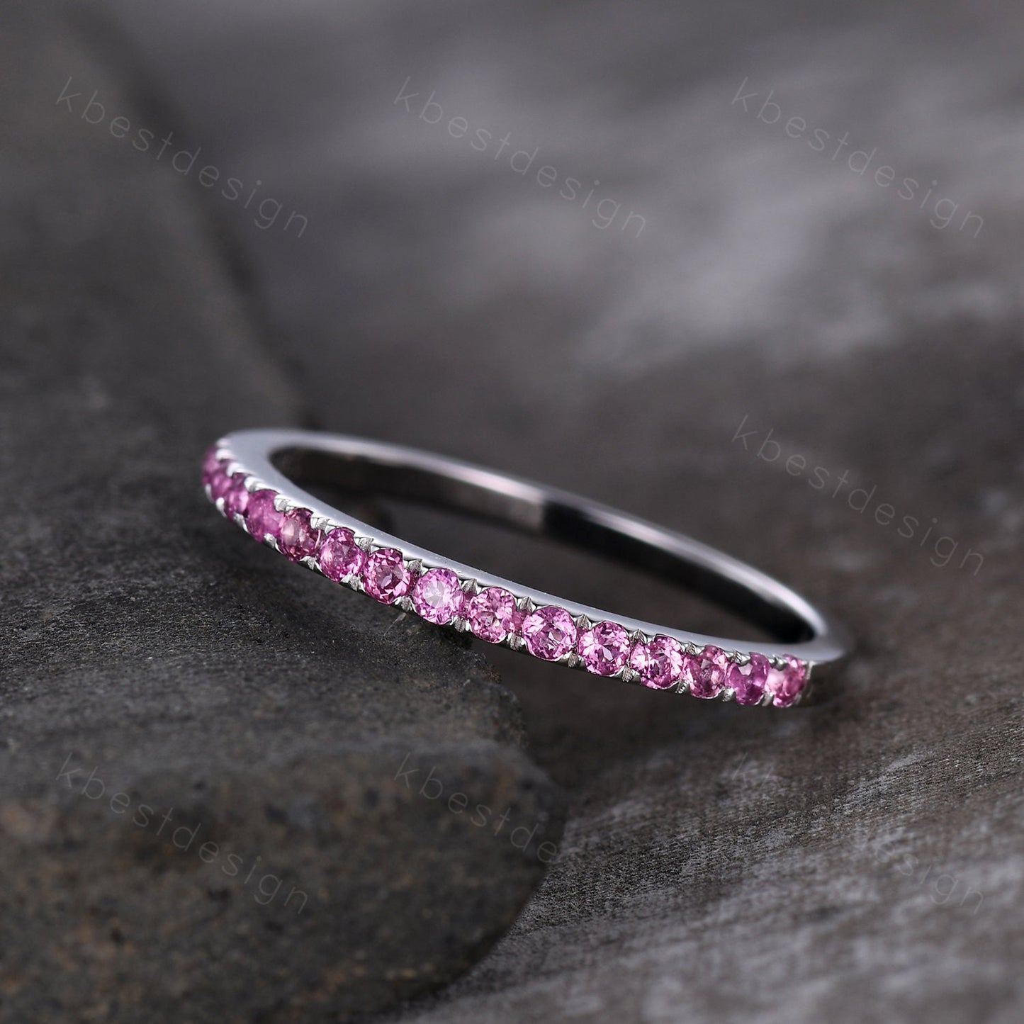 1.5mm Pink Tourmaline Wedding Band Half Eternity Stacking Band Minimalist Ring Silver Rings for Women Pave Matching Band Anniversary Ring