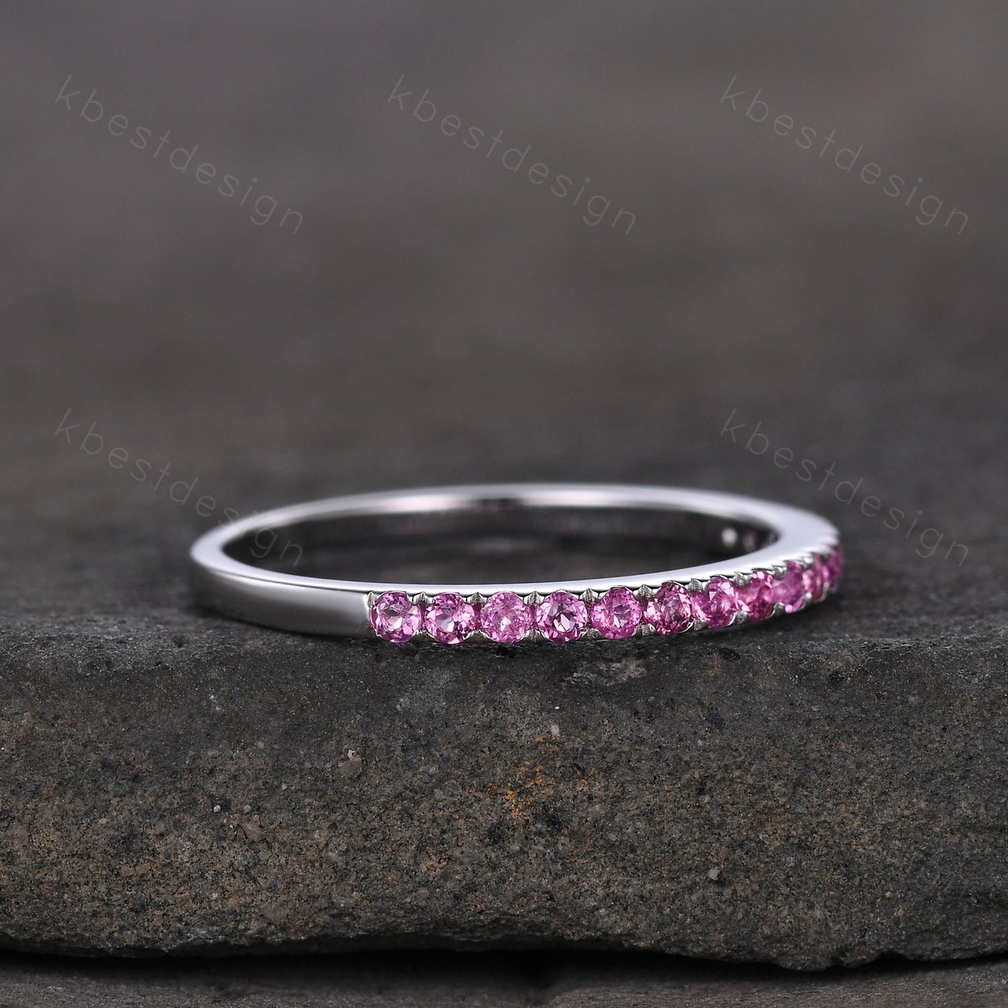1.5mm Pink Tourmaline Wedding Band Half Eternity Stacking Band Minimalist Ring Silver Rings for Women Pave Matching Band Anniversary Ring