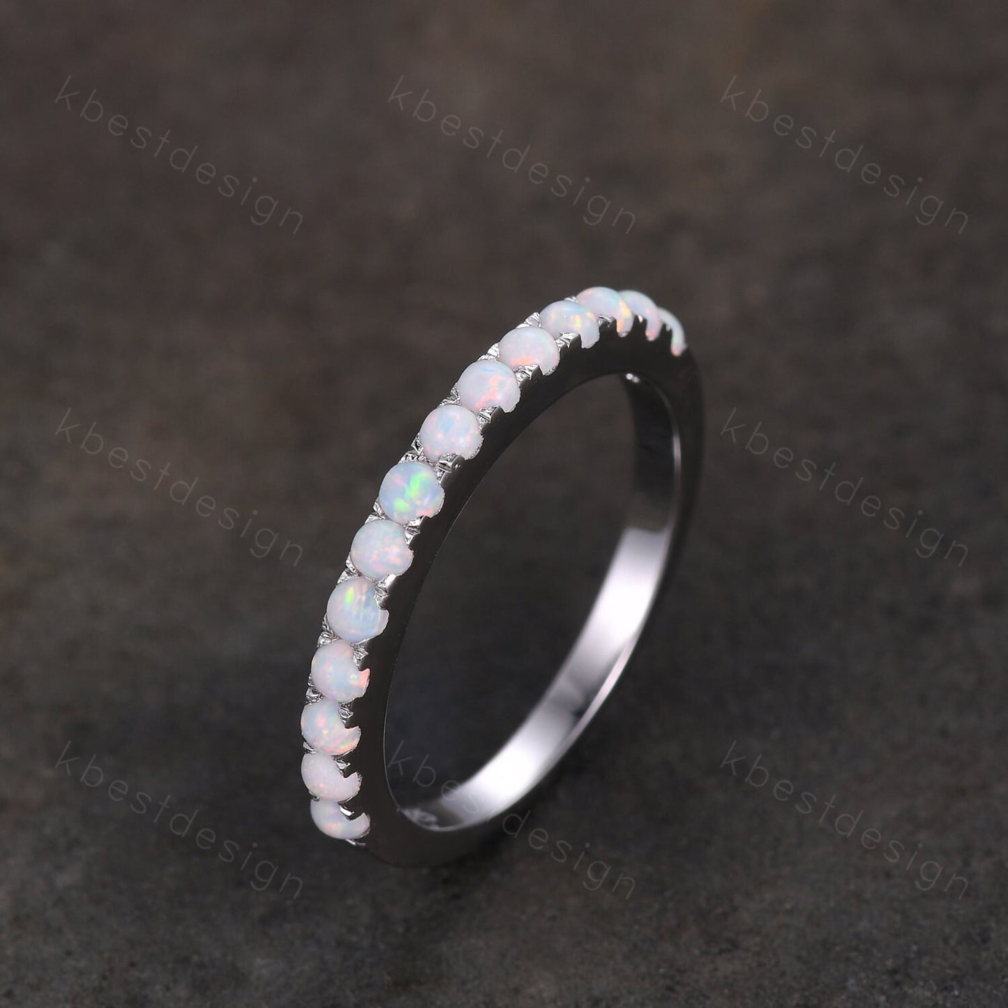 Opal Ring, Half Eternity Opal Wedding Band, Opal Stacking Matching Band, October Birthstone Ring, Anniversary Ring, White Gold Ring