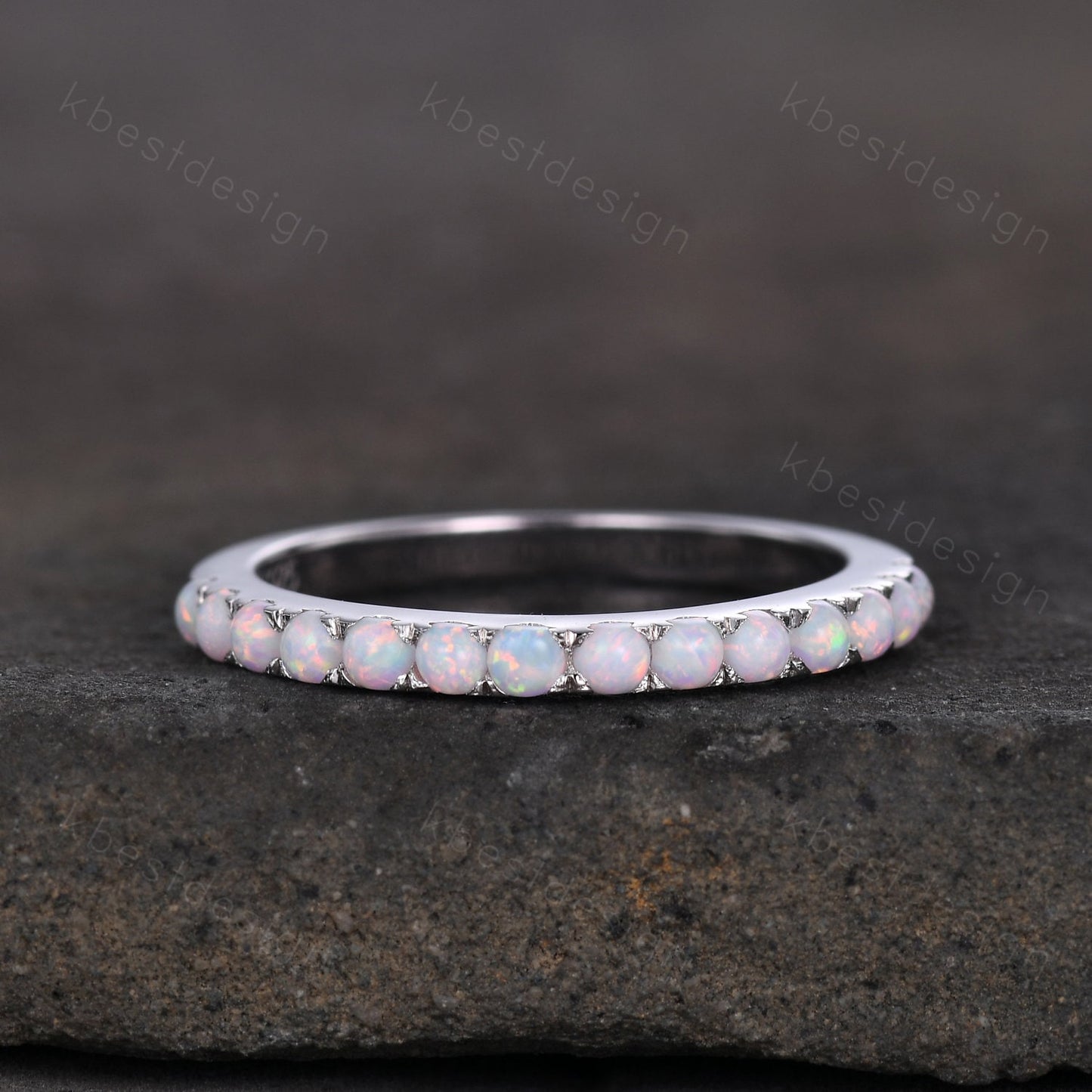 Opal Ring, Half Eternity Opal Wedding Band, Opal Stacking Matching Band, October Birthstone Ring, Anniversary Ring, White Gold Ring