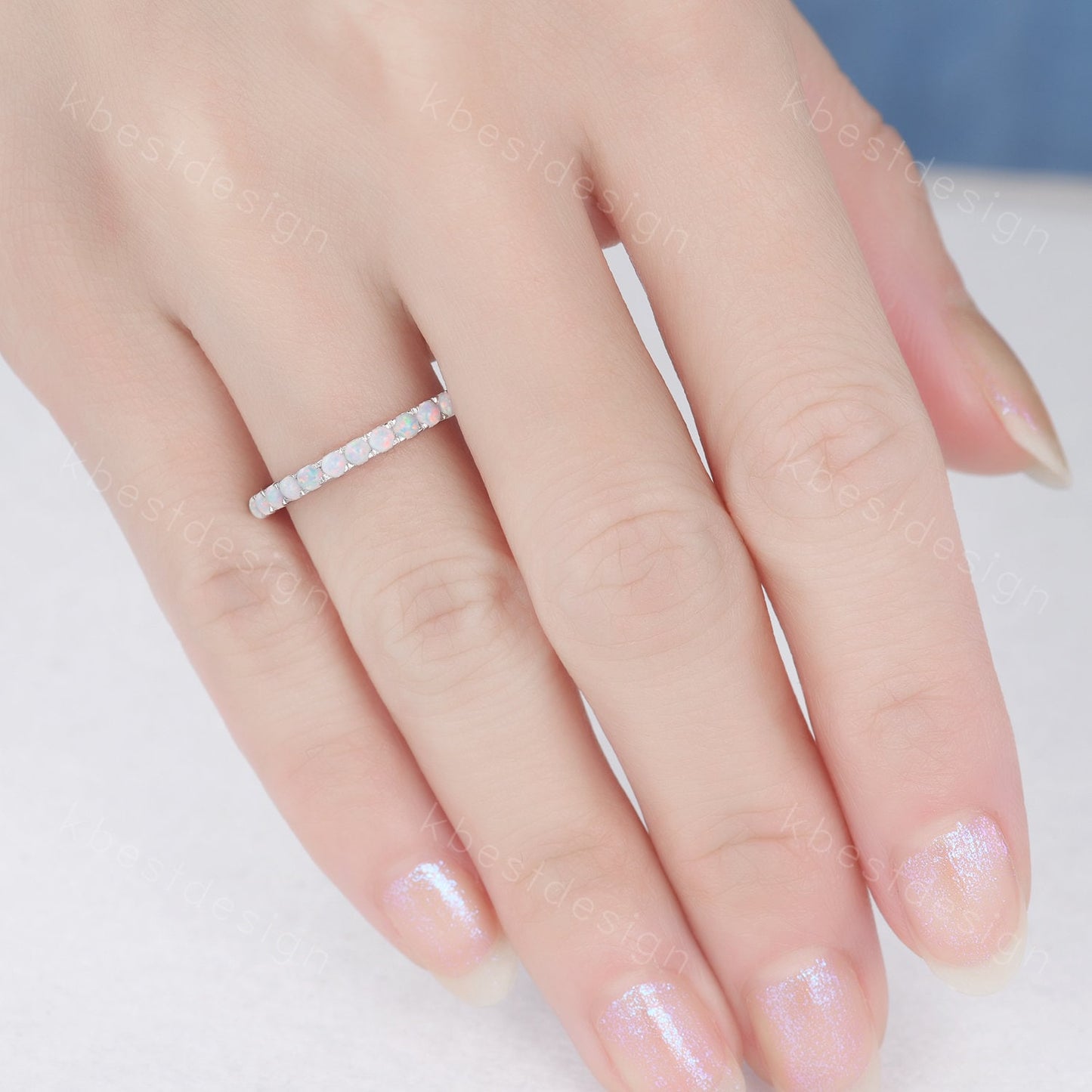 Opal Ring, Half Eternity Opal Wedding Band, Opal Stacking Matching Band, October Birthstone Ring, Anniversary Ring, White Gold Ring