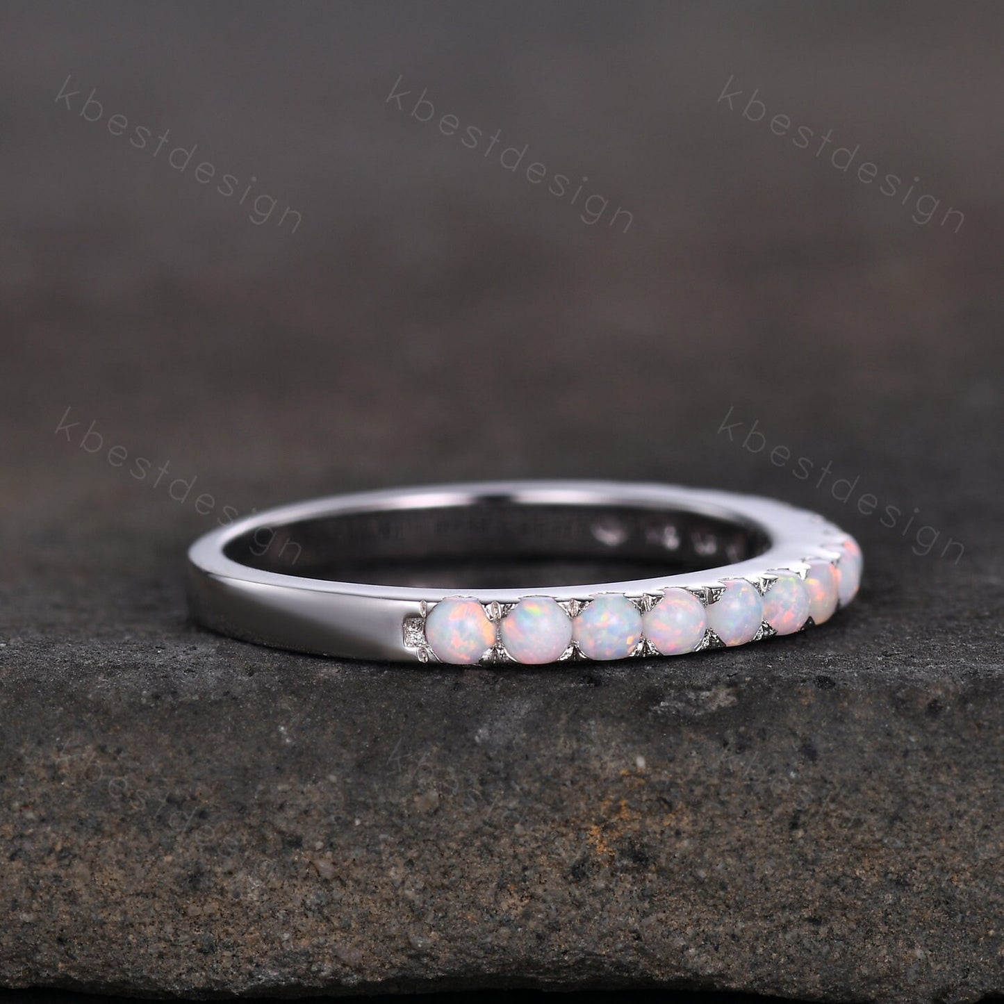 Opal Ring, Half Eternity Opal Wedding Band, Opal Stacking Matching Band, October Birthstone Ring, Anniversary Ring, White Gold Ring