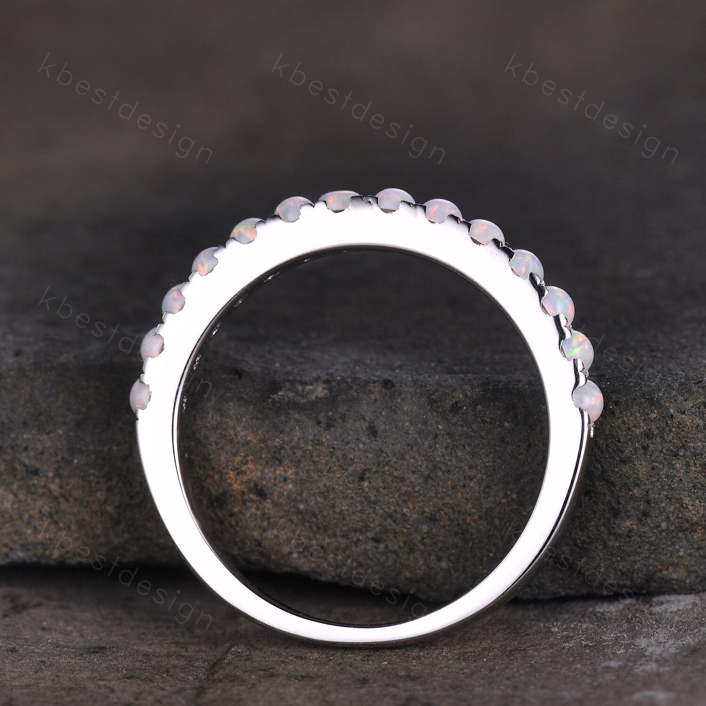 Opal Ring, Half Eternity Opal Wedding Band, Opal Stacking Matching Band, October Birthstone Ring, Anniversary Ring, White Gold Ring