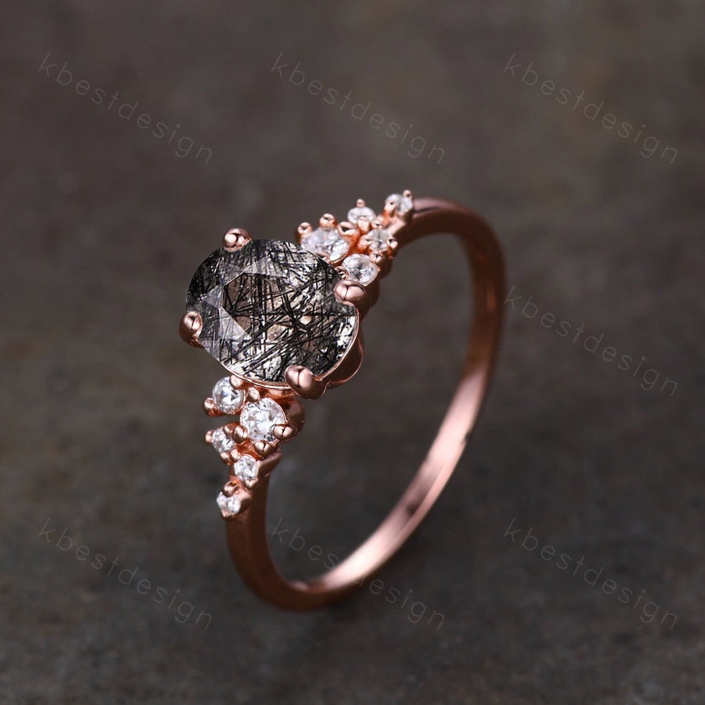 Vintage black rutilated quartz engagement ring unique cluster moissnaite ring women rose gold ring oval cut black stone bridal Promise ring