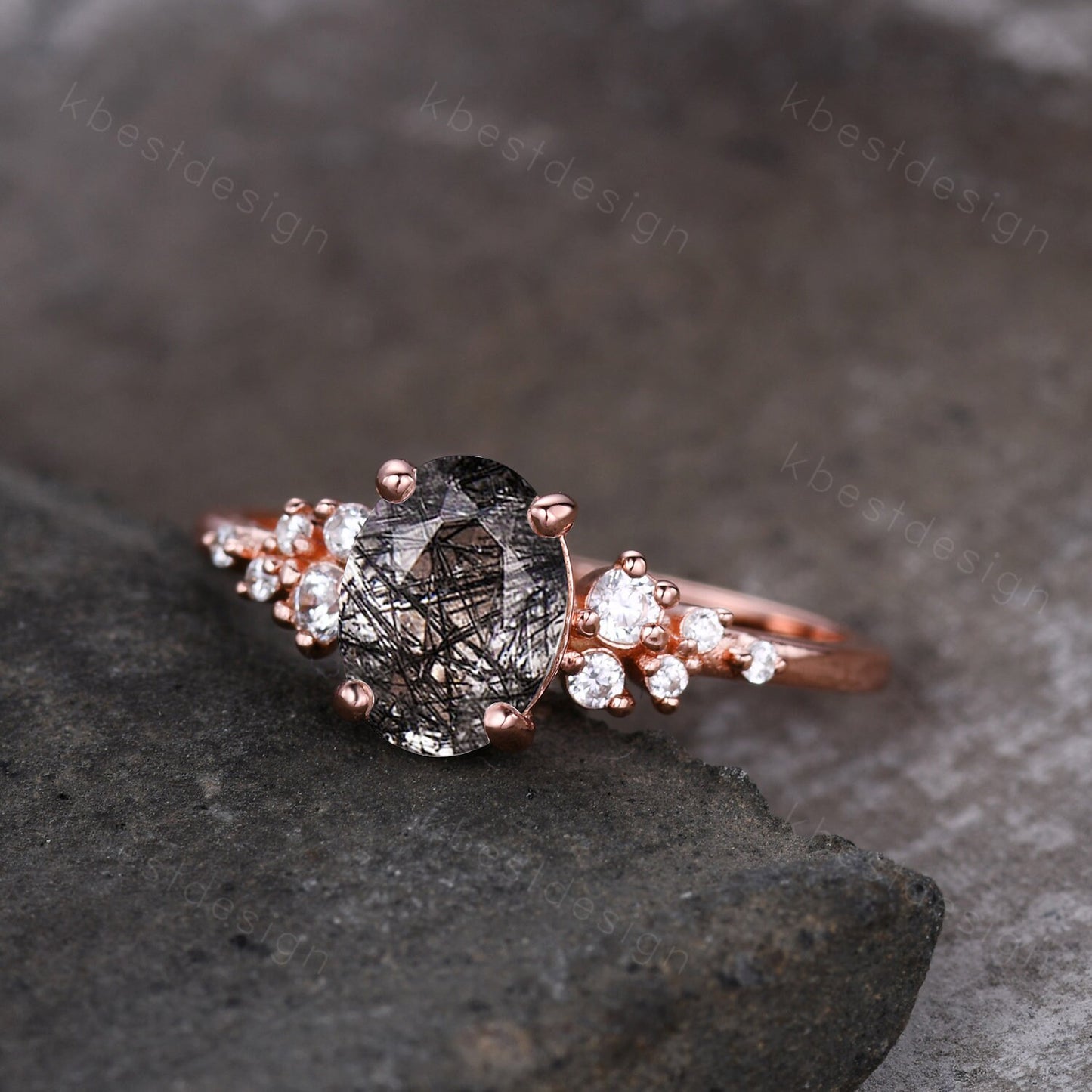 Vintage black rutilated quartz engagement ring unique cluster moissnaite ring women rose gold ring oval cut black stone bridal Promise ring