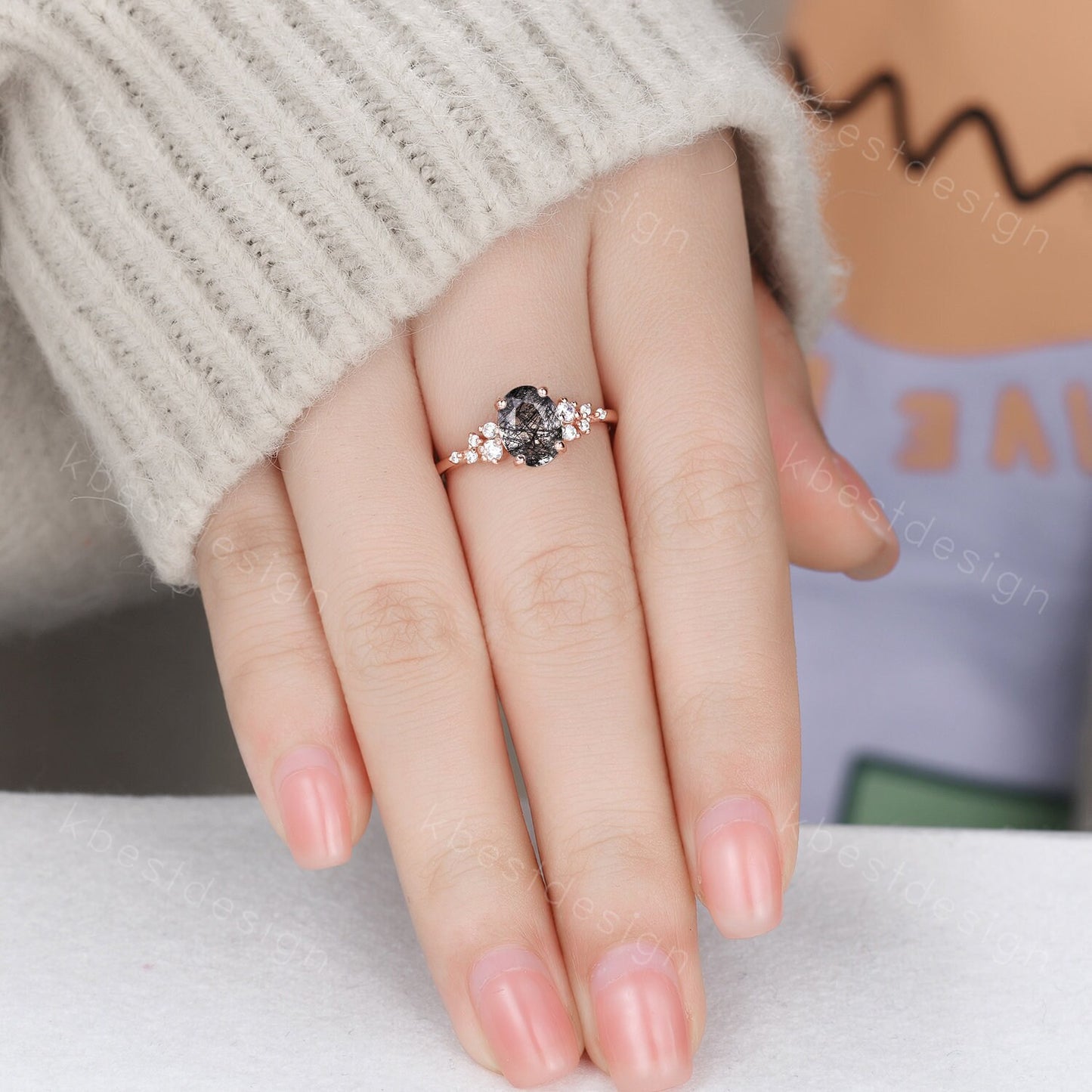 Vintage black rutilated quartz engagement ring unique cluster moissnaite ring women rose gold ring oval cut black stone bridal Promise ring