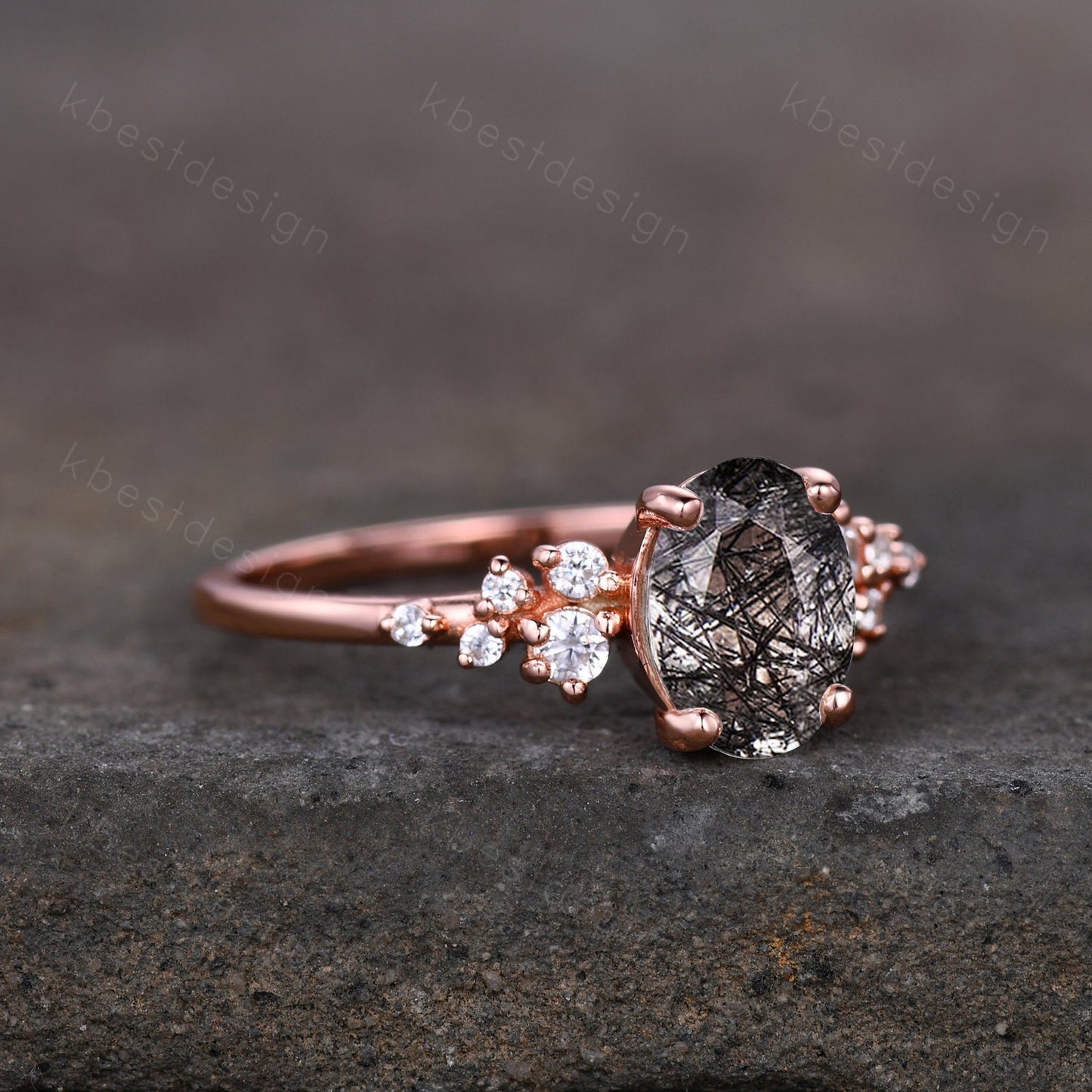Vintage black rutilated quartz engagement ring unique cluster moissnaite ring women rose gold ring oval cut black stone bridal Promise ring