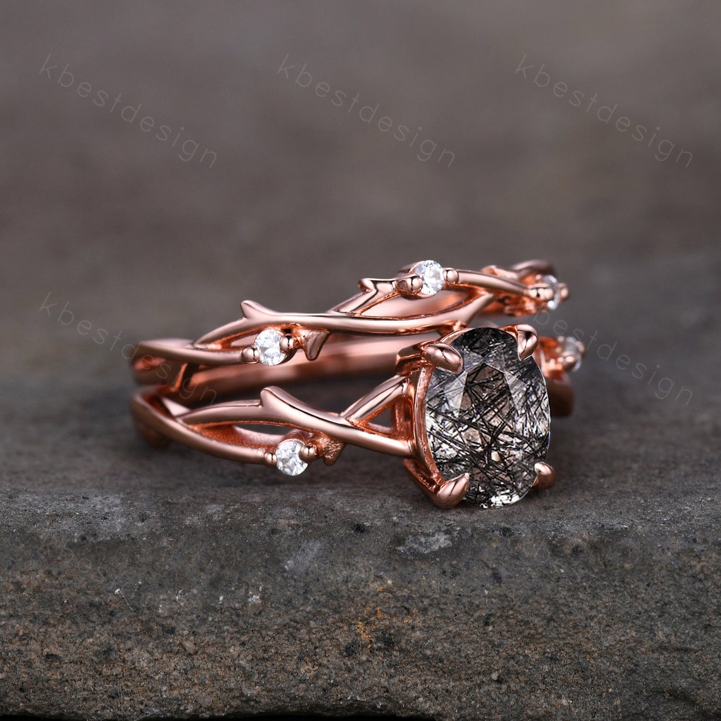 Vintage black rutilated quartz engagement ring 14k rose gold oval cut ring art deco twig leaf stacking band unique bridal wedding ring set