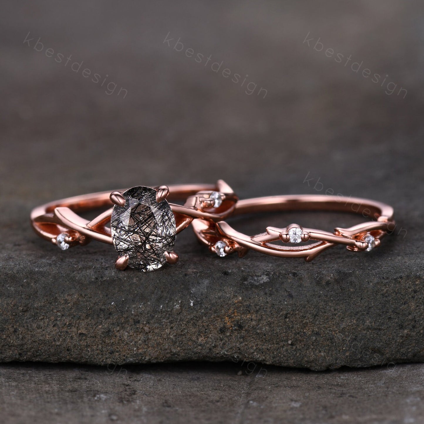 Vintage black rutilated quartz engagement ring 14k rose gold oval cut ring art deco twig leaf stacking band unique bridal wedding ring set