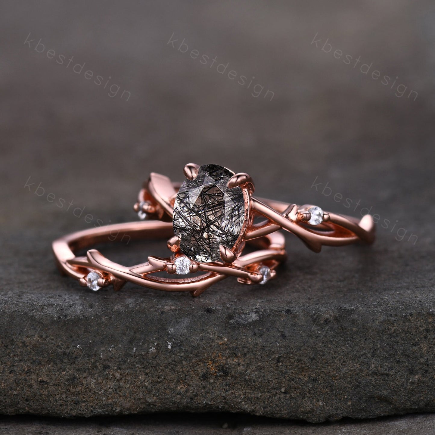 Vintage black rutilated quartz engagement ring 14k rose gold oval cut ring art deco twig leaf stacking band unique bridal wedding ring set
