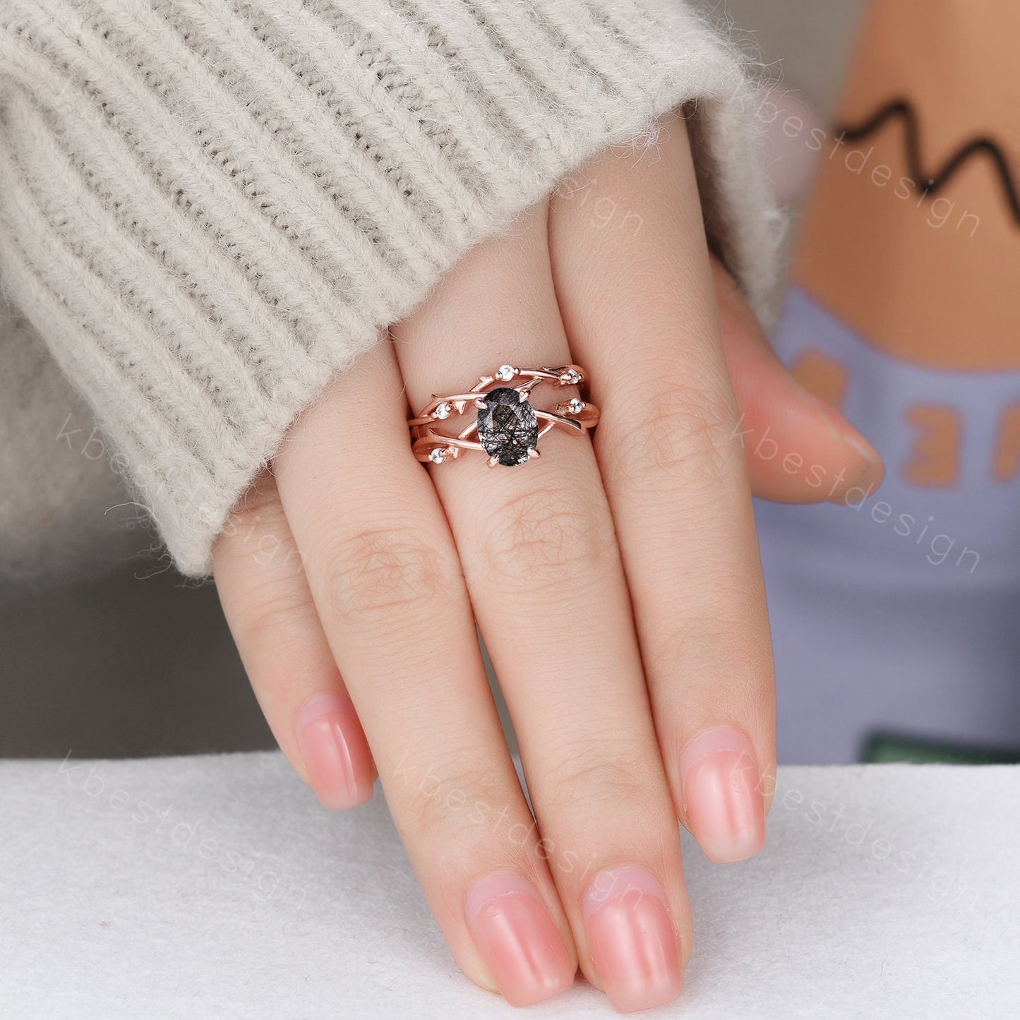 Vintage black rutilated quartz engagement ring 14k rose gold oval cut ring art deco twig leaf stacking band unique bridal wedding ring set