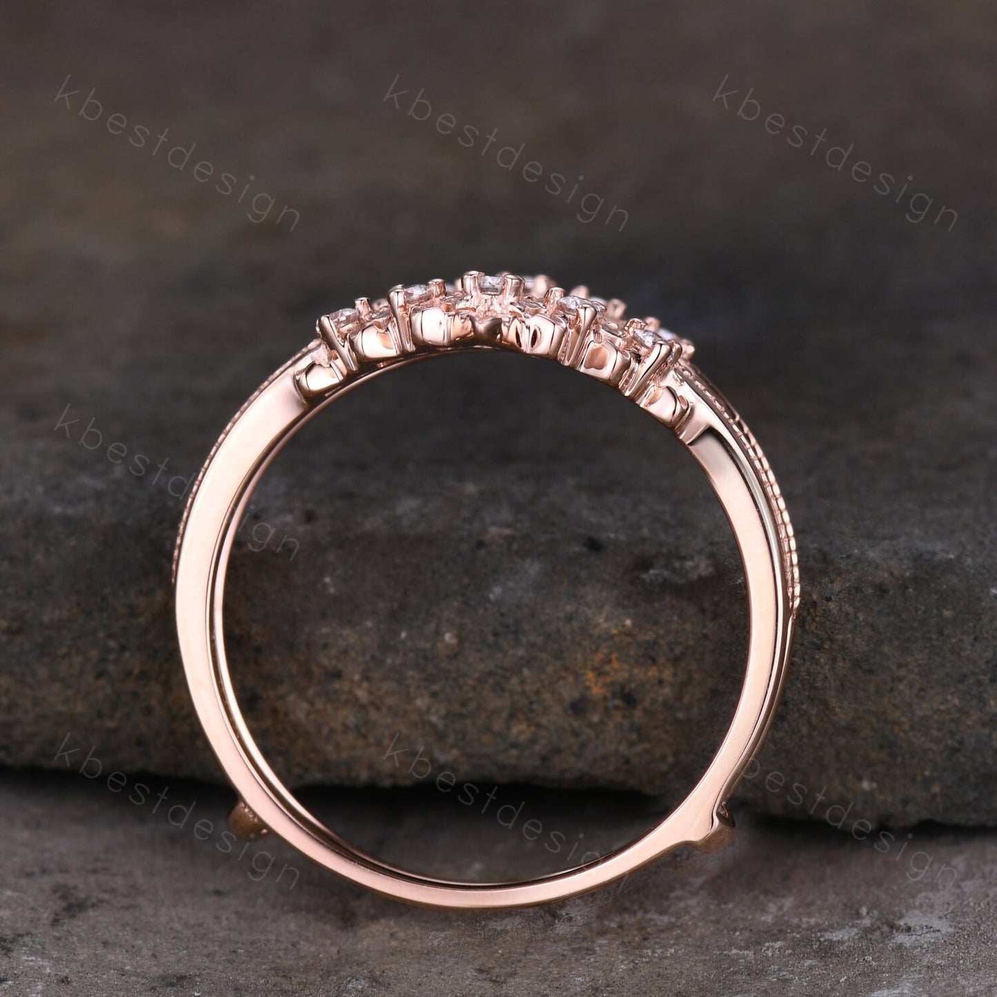 Art deco Moissanite double curved wedding band rose gold enhancer band unique stacking matching band Antique bridal anniversary ring