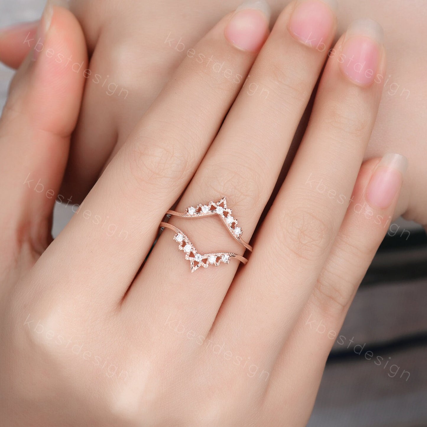 Art deco Moissanite double curved wedding band rose gold enhancer band unique stacking matching band Antique bridal anniversary ring