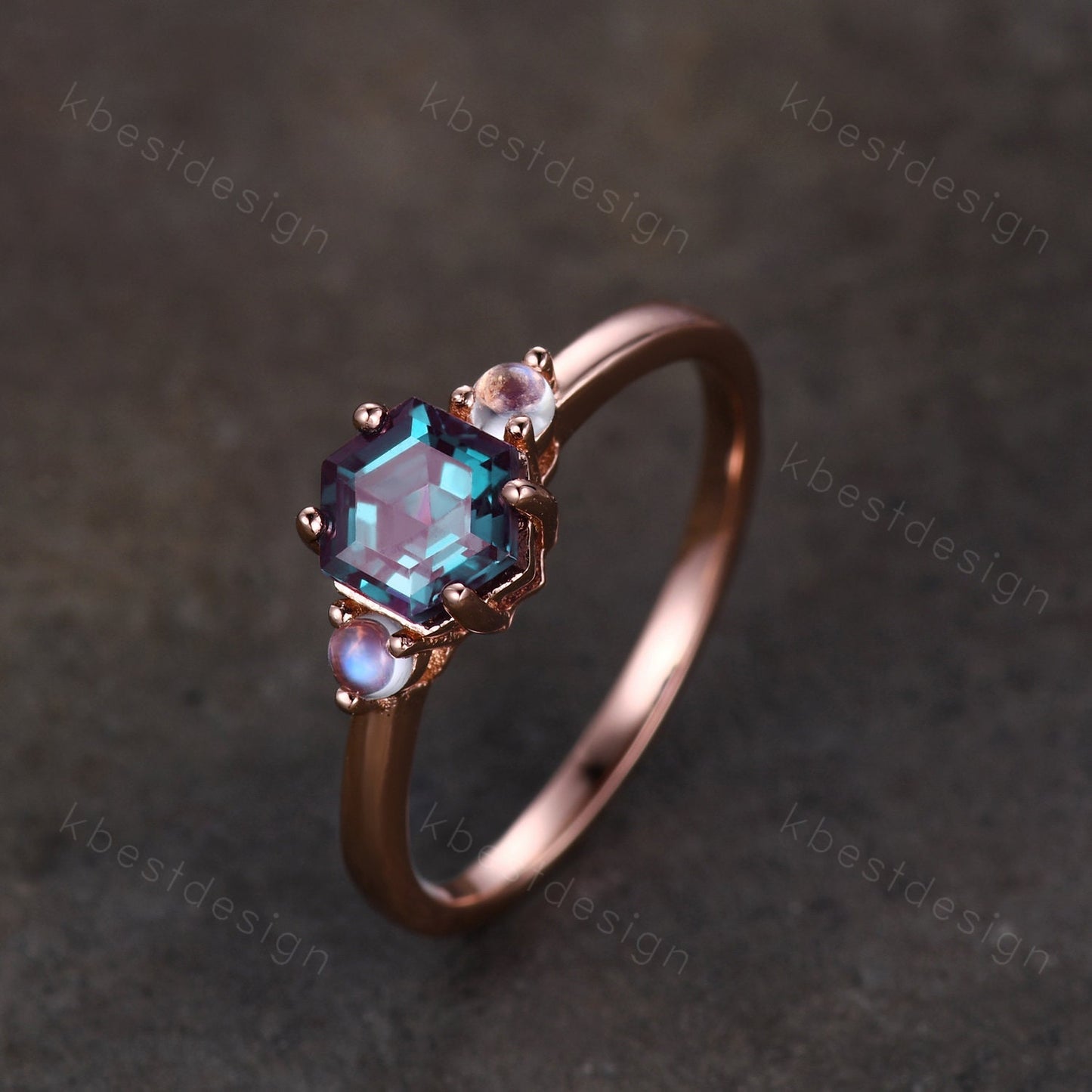 Vintage Alexandrite engagement ring hexagon cut ring rose gold moonstone wedding ring three stone engagement ring bridal promise ring