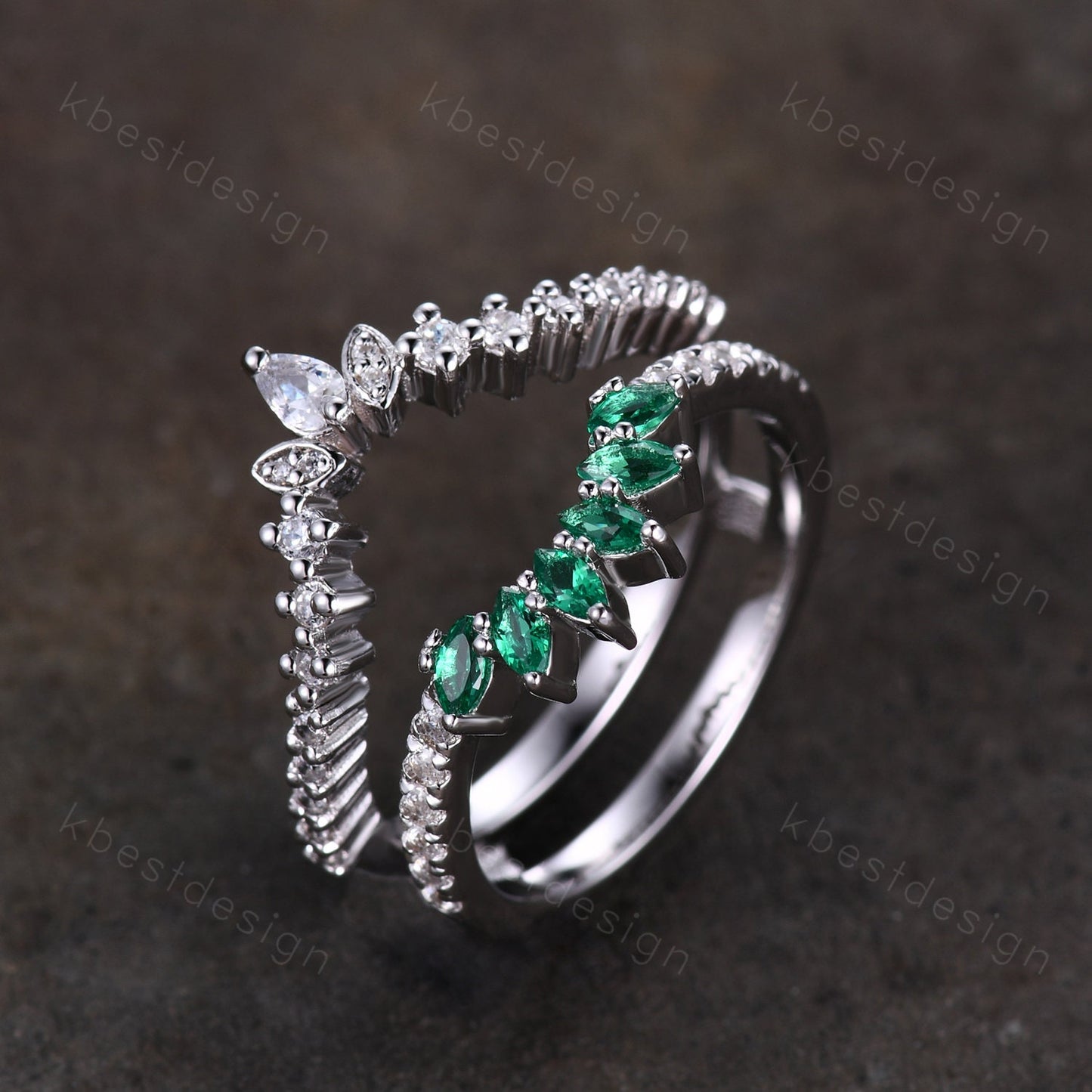 Double curved Emerald/Moissanite wedding band vintage White gold marquise emerald cluster band Half eternity stacking band Promise gift