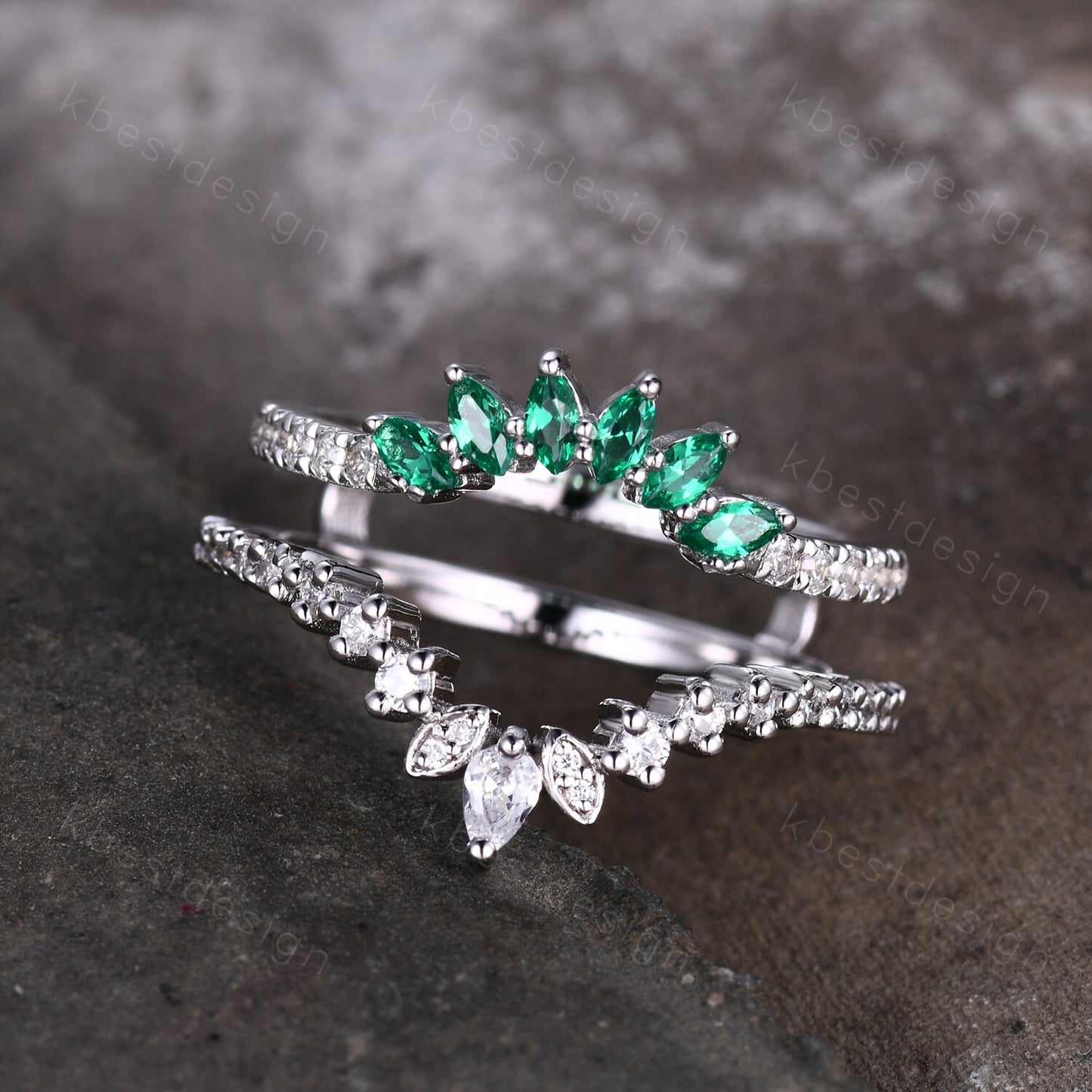 Double curved Emerald/Moissanite wedding band vintage White gold marquise emerald cluster band Half eternity stacking band Promise gift