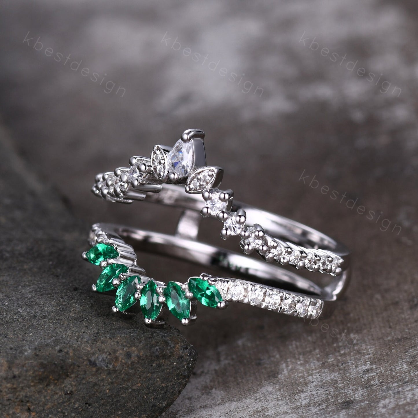 Double curved Emerald/Moissanite wedding band vintage White gold marquise emerald cluster band Half eternity stacking band Promise gift