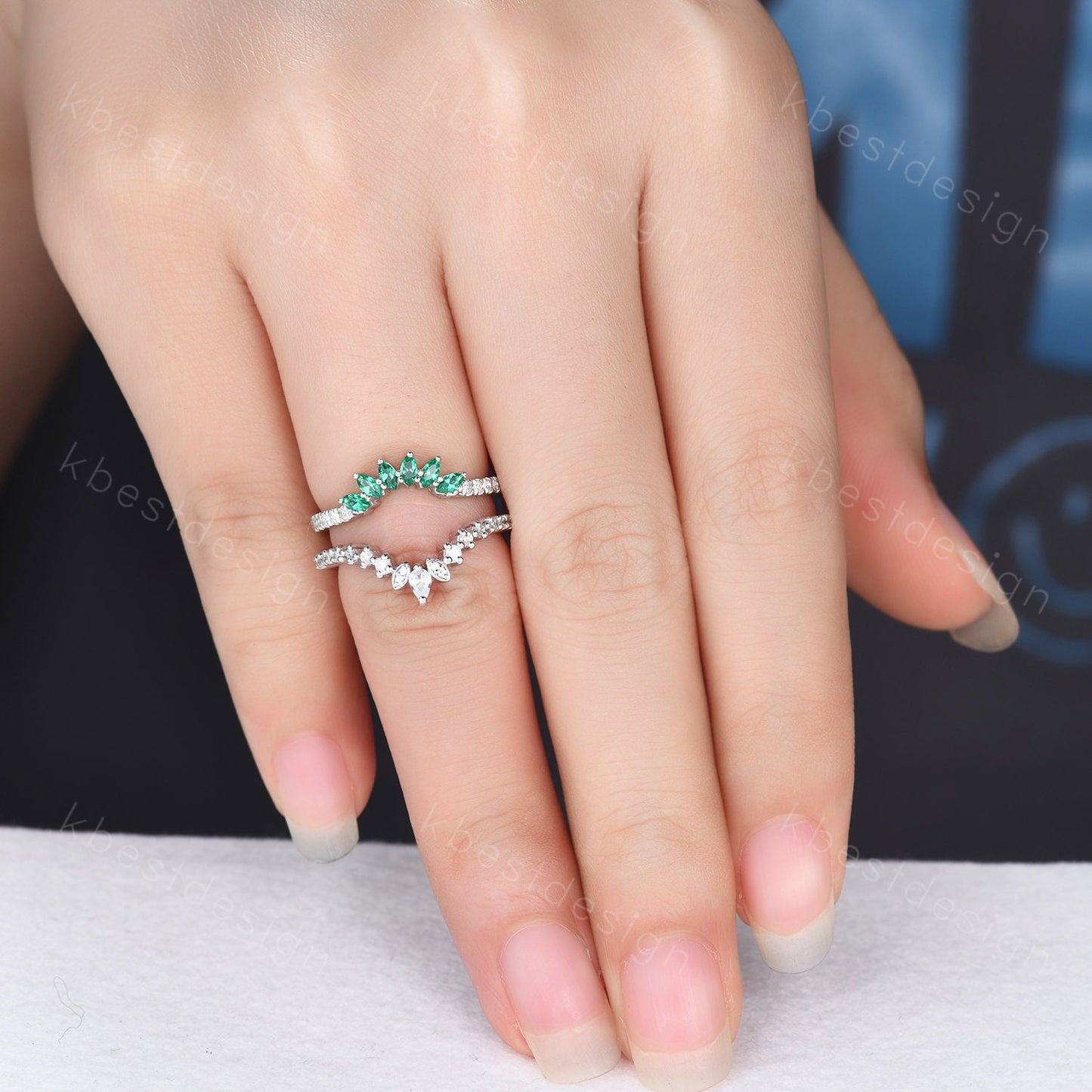 Double curved Emerald/Moissanite wedding band vintage White gold marquise emerald cluster band Half eternity stacking band Promise gift