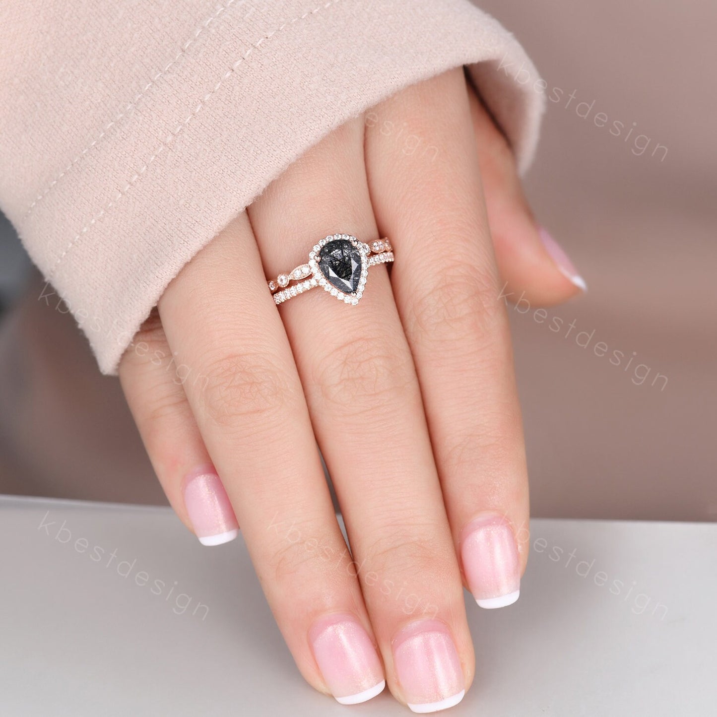 Black rutilated quartz engagement ring set rose gold black stone ring vintage art deco moissanite wedding ring set anniversary promise ring