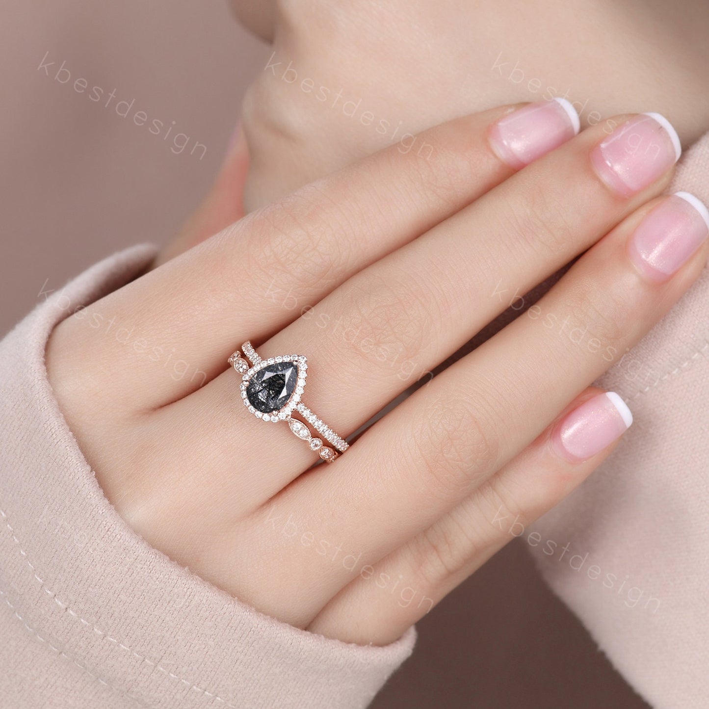 Black rutilated quartz engagement ring set rose gold black stone ring vintage art deco moissanite wedding ring set anniversary promise ring