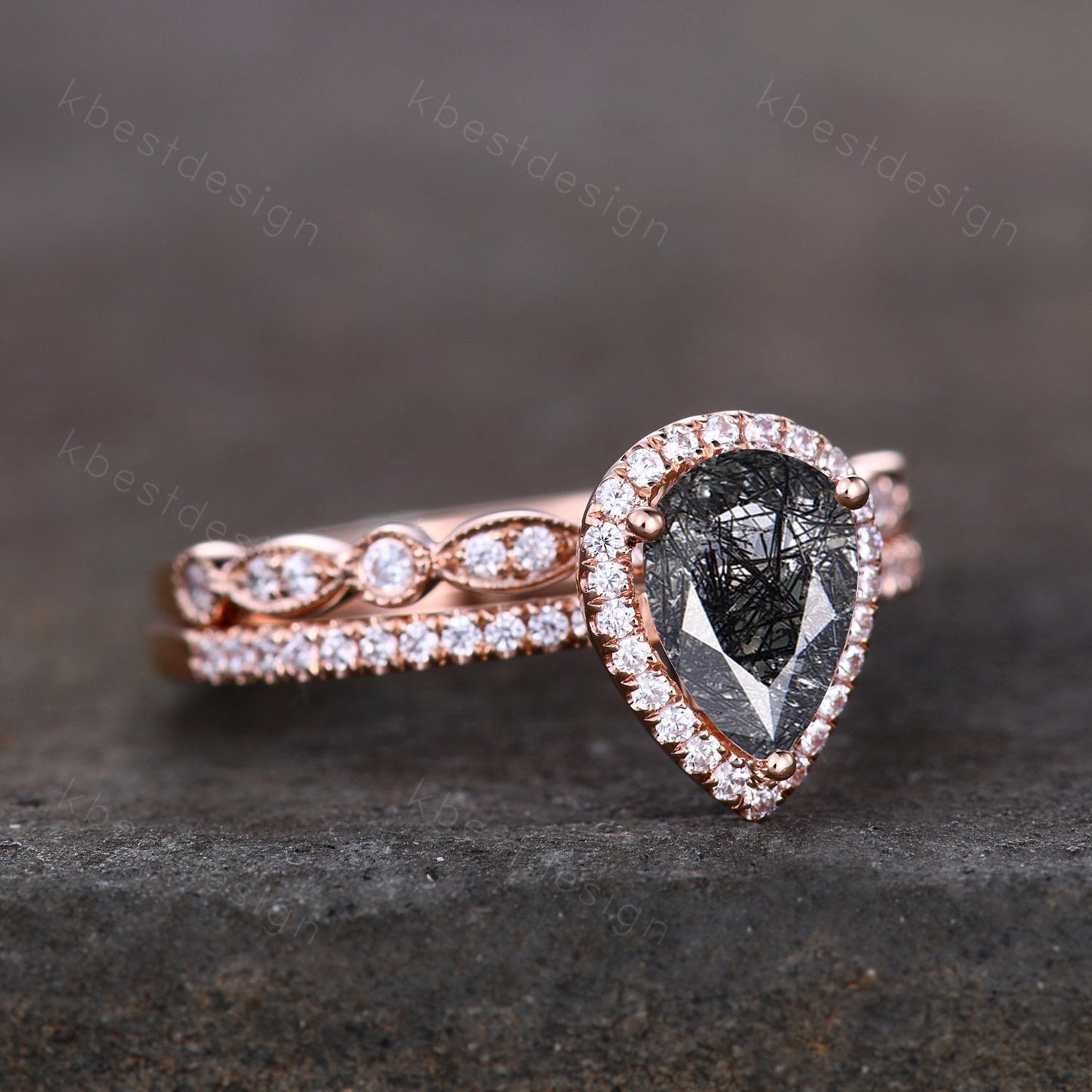Black rutilated quartz engagement ring set rose gold black stone ring vintage art deco moissanite wedding ring set anniversary promise ring