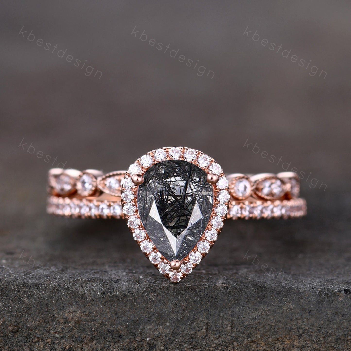 Black rutilated quartz engagement ring set rose gold black stone ring vintage art deco moissanite wedding ring set anniversary promise ring