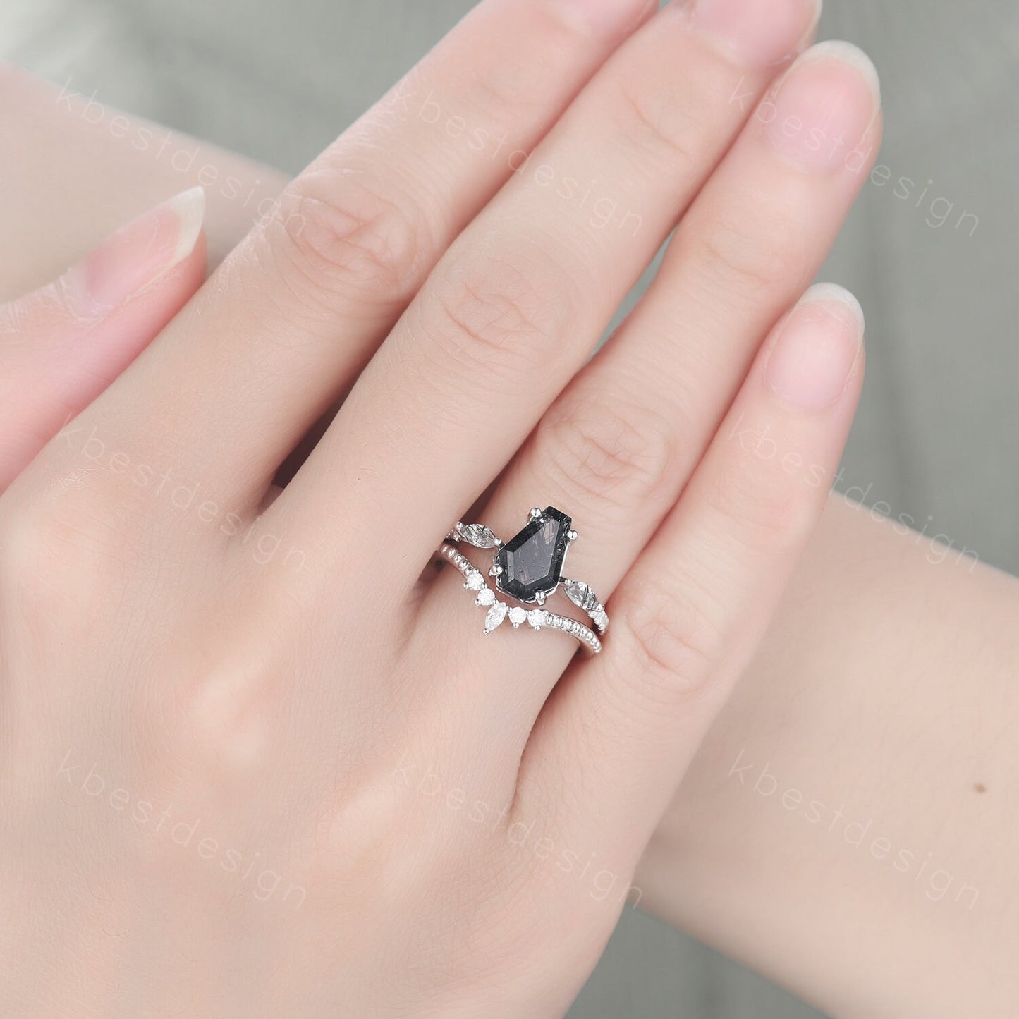 Coffin shaped black rutilated quartz engagement ring set unique art deco Moissanite wedding ring silver ring vintage bridal wedding ring set