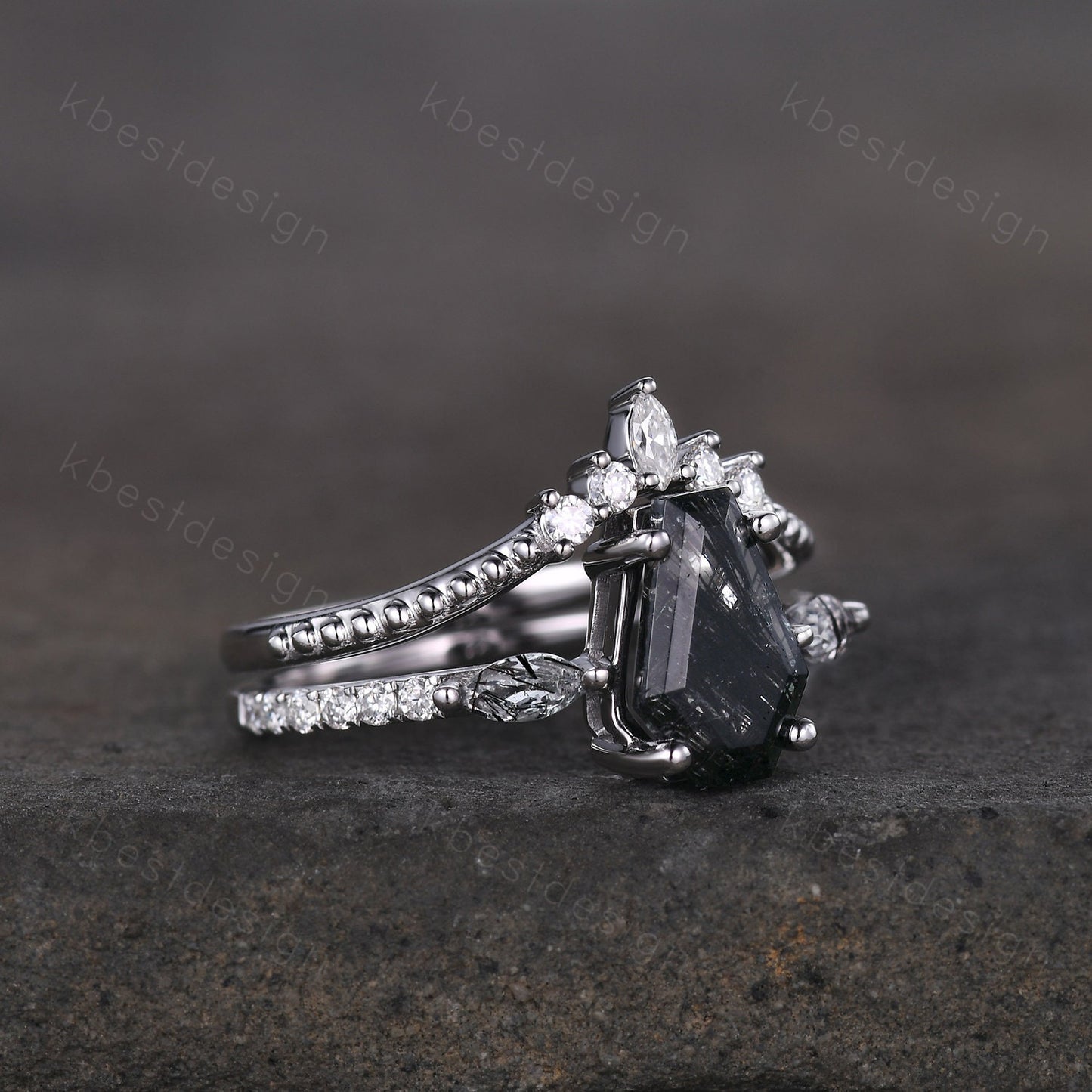 Coffin shaped black rutilated quartz engagement ring set unique art deco Moissanite wedding ring silver ring vintage bridal wedding ring set