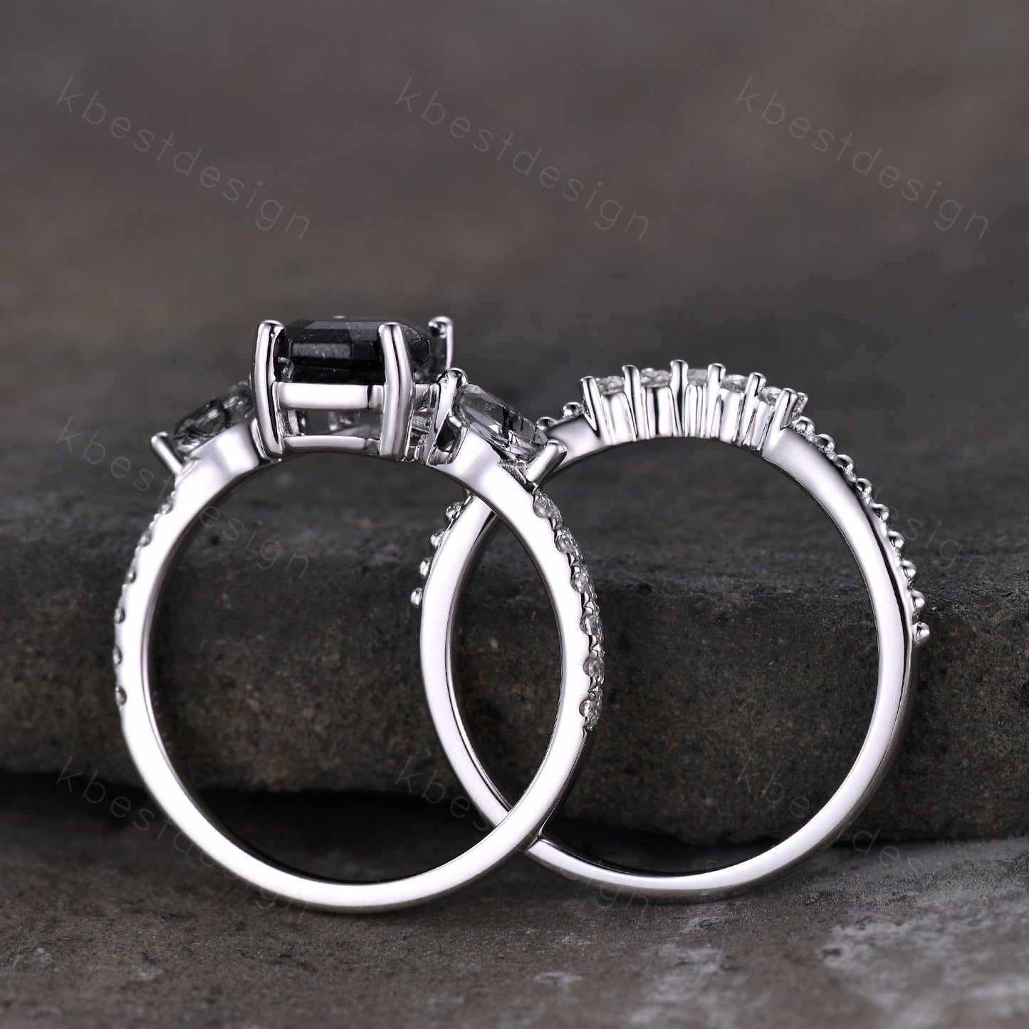 Coffin shaped black rutilated quartz engagement ring set unique art deco Moissanite wedding ring silver ring vintage bridal wedding ring set