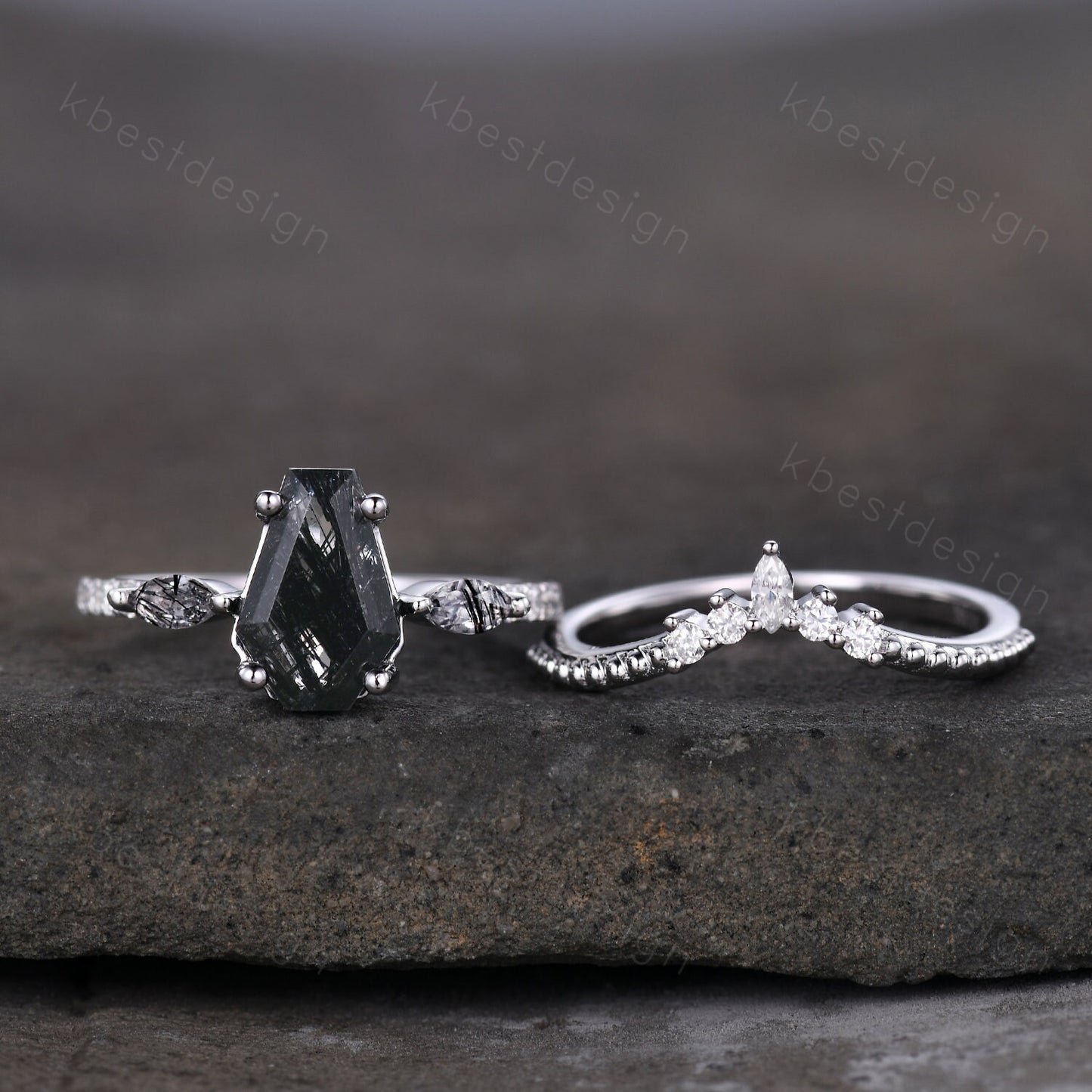 Coffin shaped black rutilated quartz engagement ring set unique art deco Moissanite wedding ring silver ring vintage bridal wedding ring set