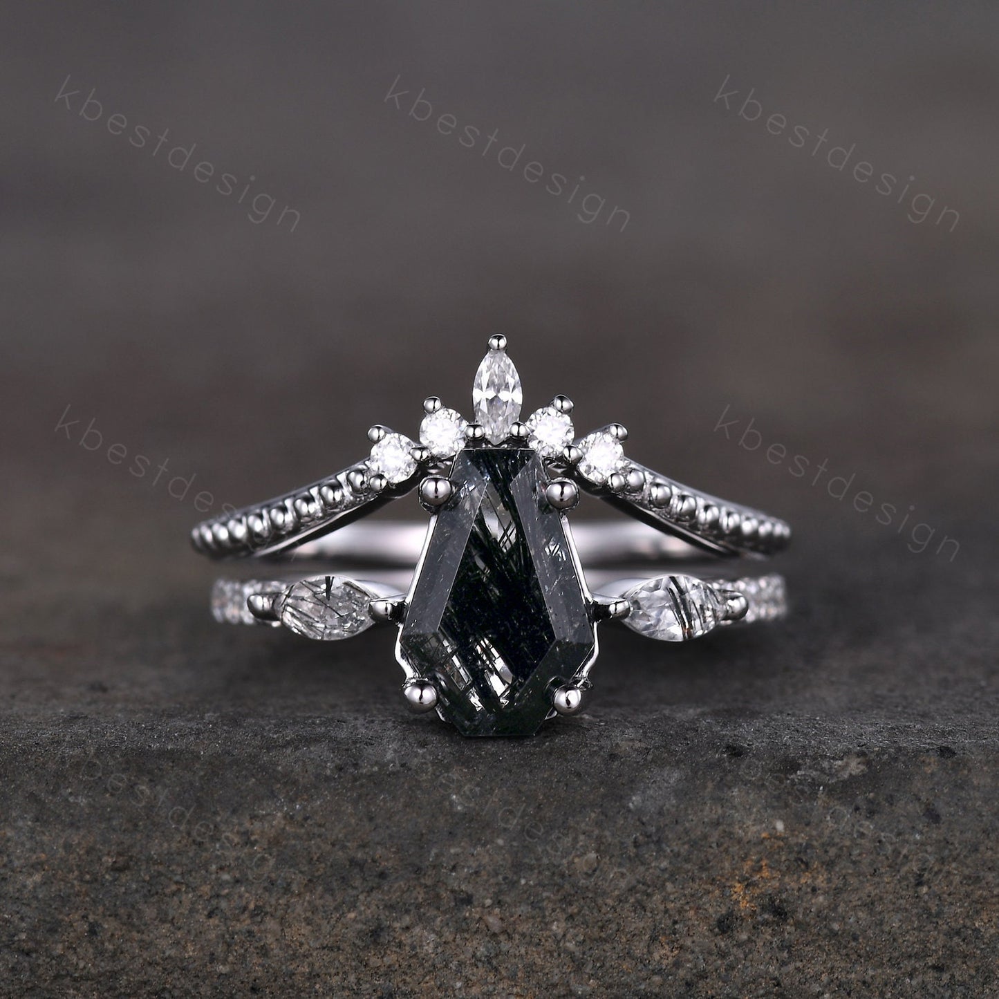 Coffin shaped black rutilated quartz engagement ring set unique art deco Moissanite wedding ring silver ring vintage bridal wedding ring set