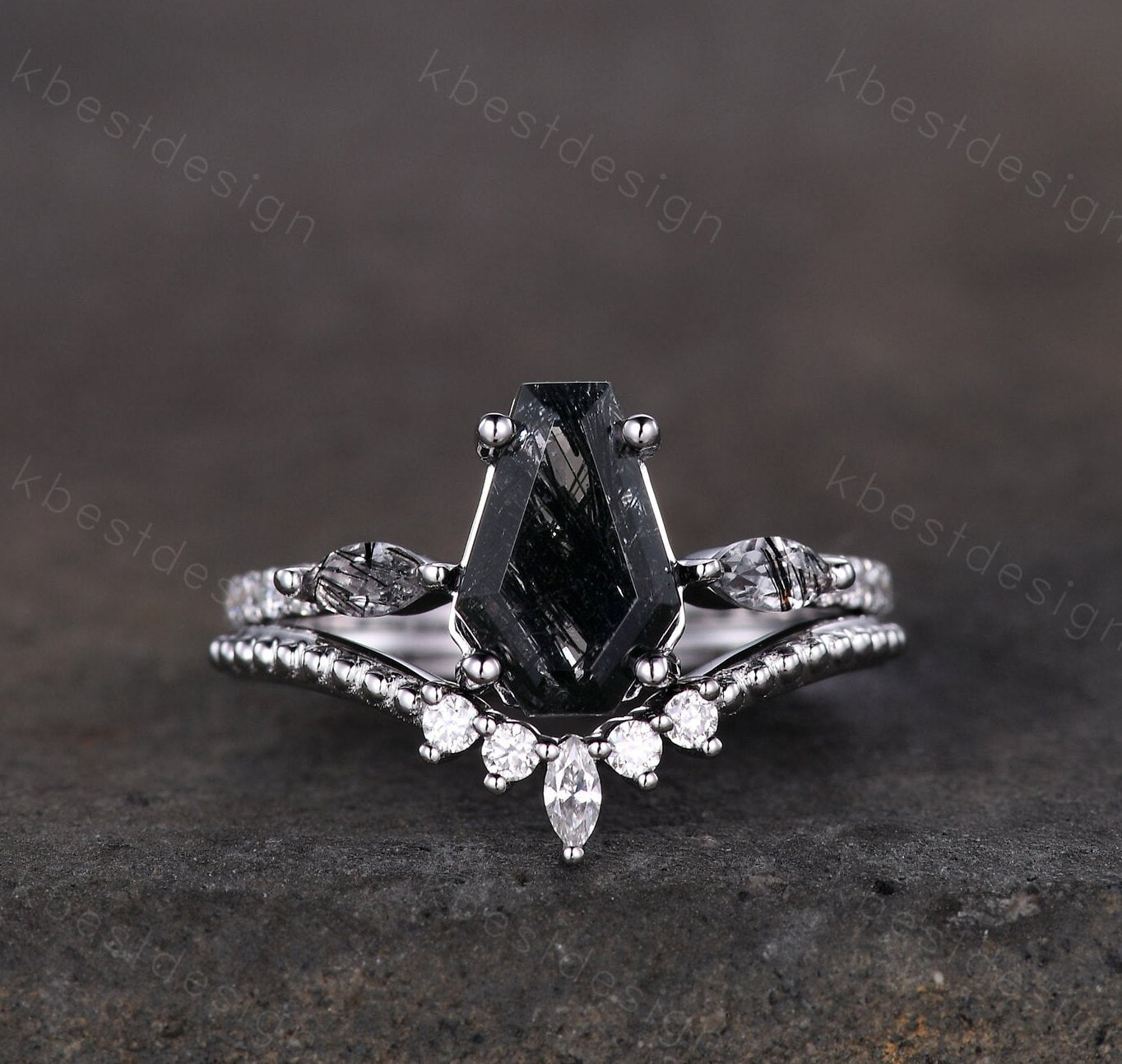 Coffin shaped black rutilated quartz engagement ring set unique art deco Moissanite wedding ring silver ring vintage bridal wedding ring set