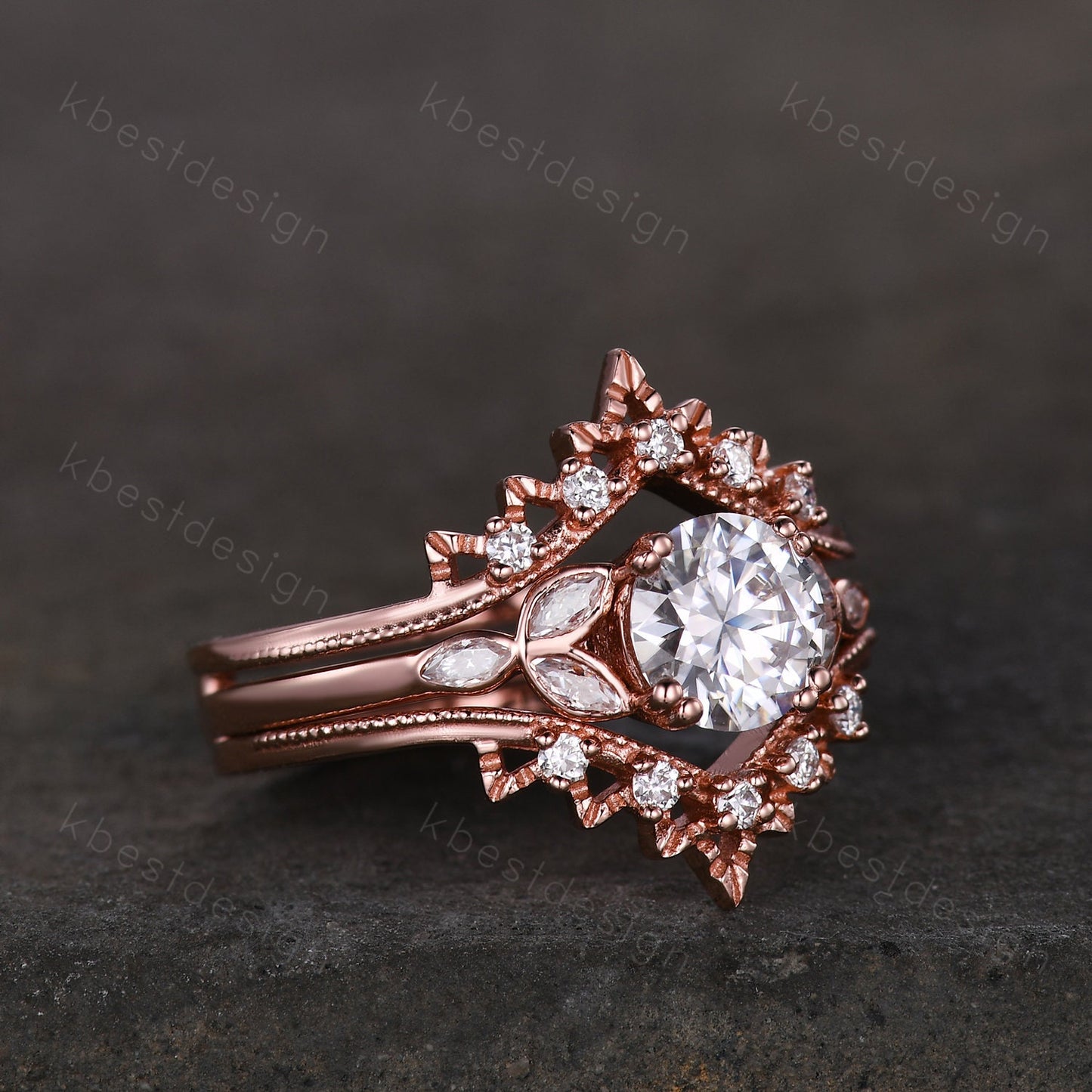 Vintage Moissanite Engagement Ring Set Rose Gold Wedding Ring Set Art Deco Double Curved Moissanite Stacking Band Unique Bridal Promise Ring