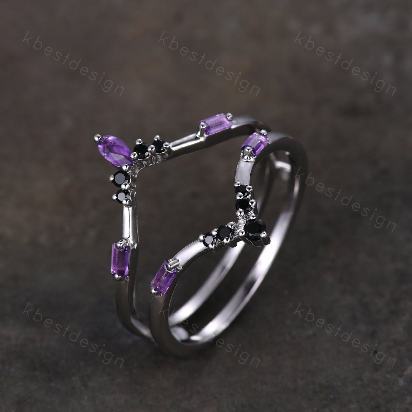 Amethyst curved wedding band baguette Amethyst double curved band Unique black spinel stacking matching band Bridal Anniversary ring