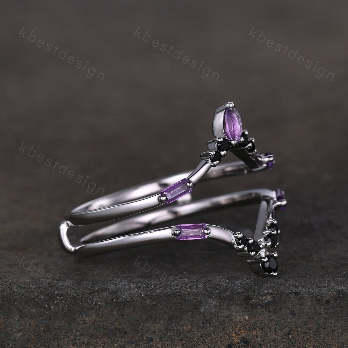 Amethyst curved wedding band baguette Amethyst double curved band Unique black spinel stacking matching band Bridal Anniversary ring