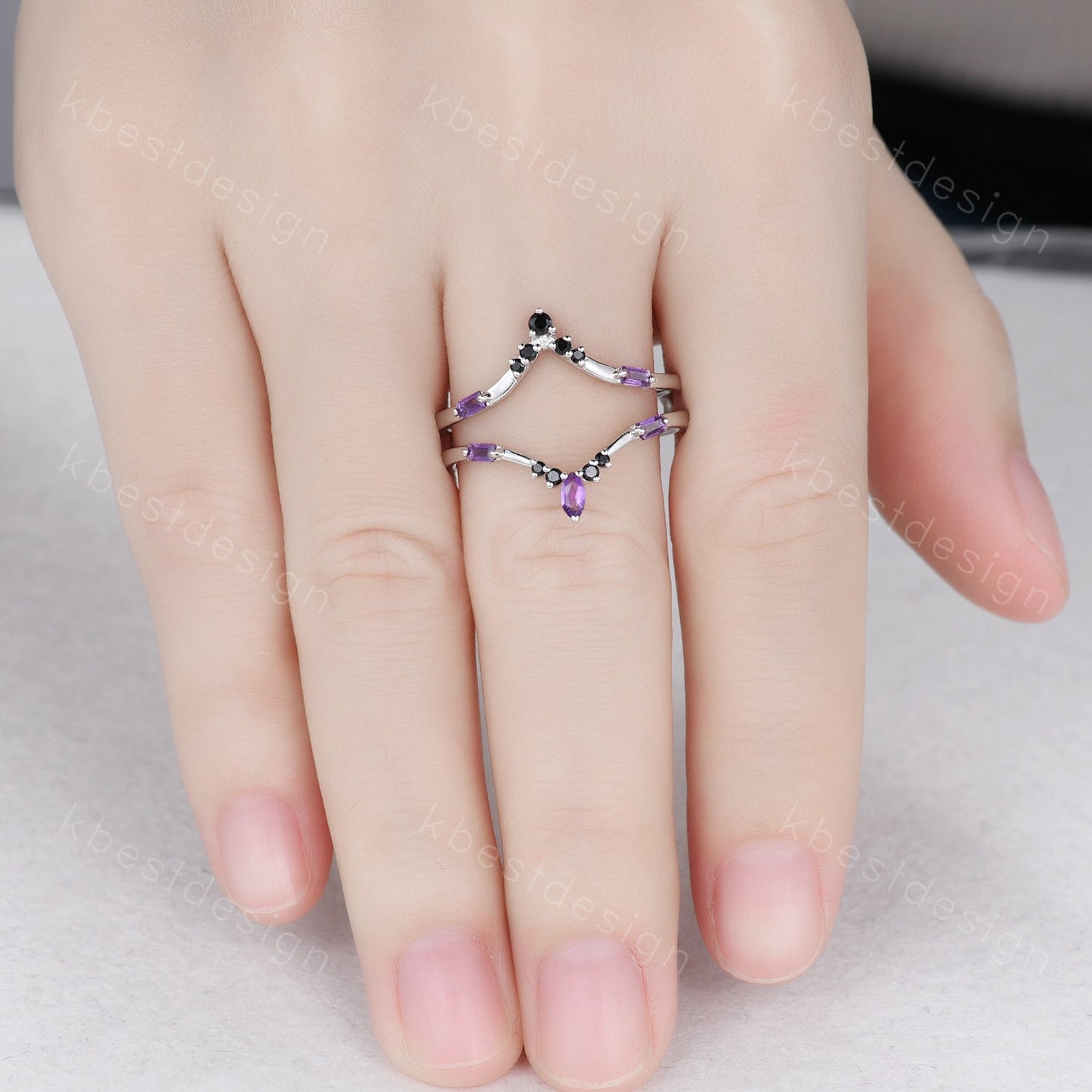 Amethyst curved wedding band baguette Amethyst double curved band Unique black spinel stacking matching band Bridal Anniversary ring
