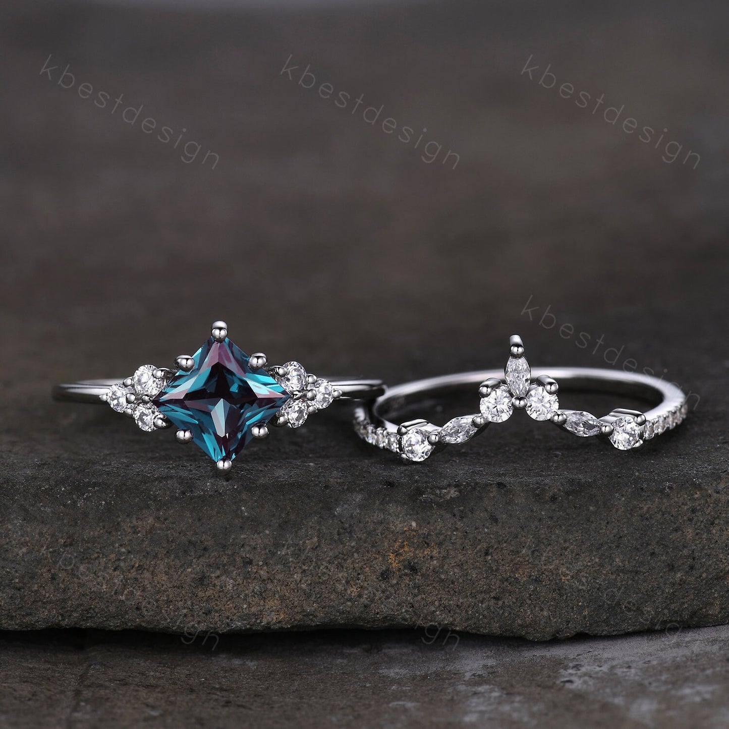 Vintage Alexandrite engagement ring set princess cut ring art deco moissanite cluster ring unique bridal wedding ring set anniversary gift