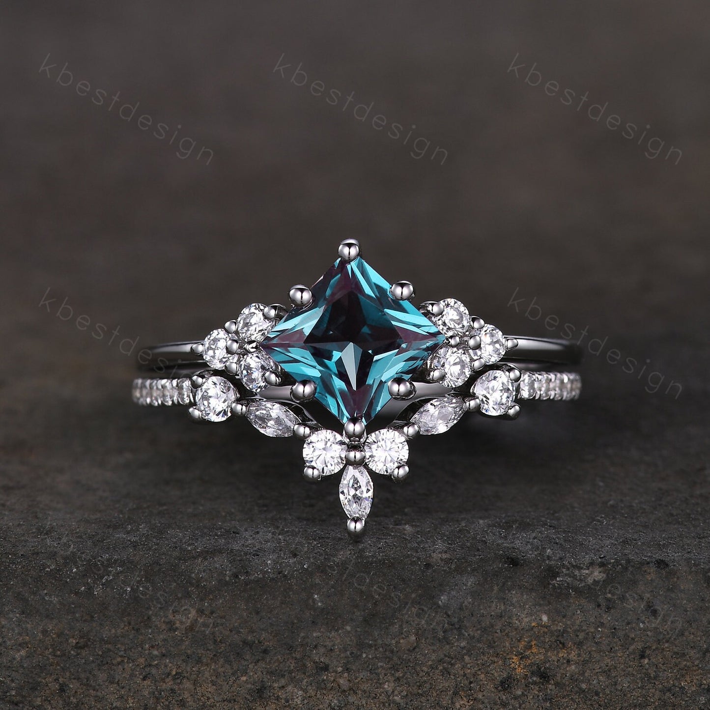 Vintage Alexandrite engagement ring set princess cut ring art deco moissanite cluster ring unique bridal wedding ring set anniversary gift