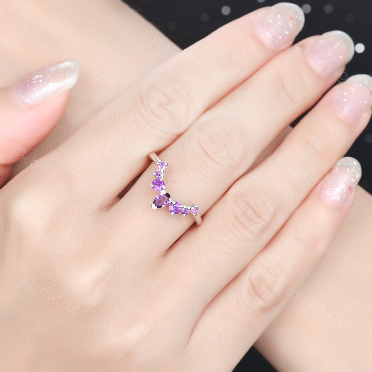 Curved Amethyst Wedding Band, Purple Amethyst Stacking Ring, February Birthstone Ring, Art Deco Matching Band, Anniversary gift for women