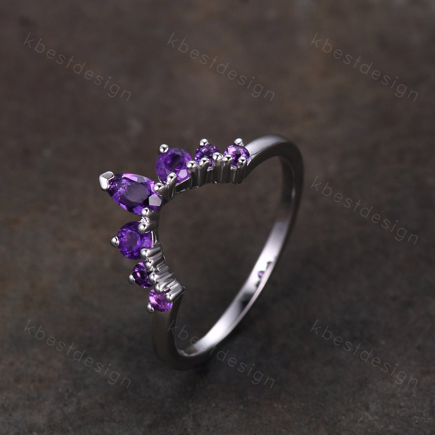 Curved Amethyst Wedding Band, Purple Amethyst Stacking Ring, February Birthstone Ring, Art Deco Matching Band, Anniversary gift for women