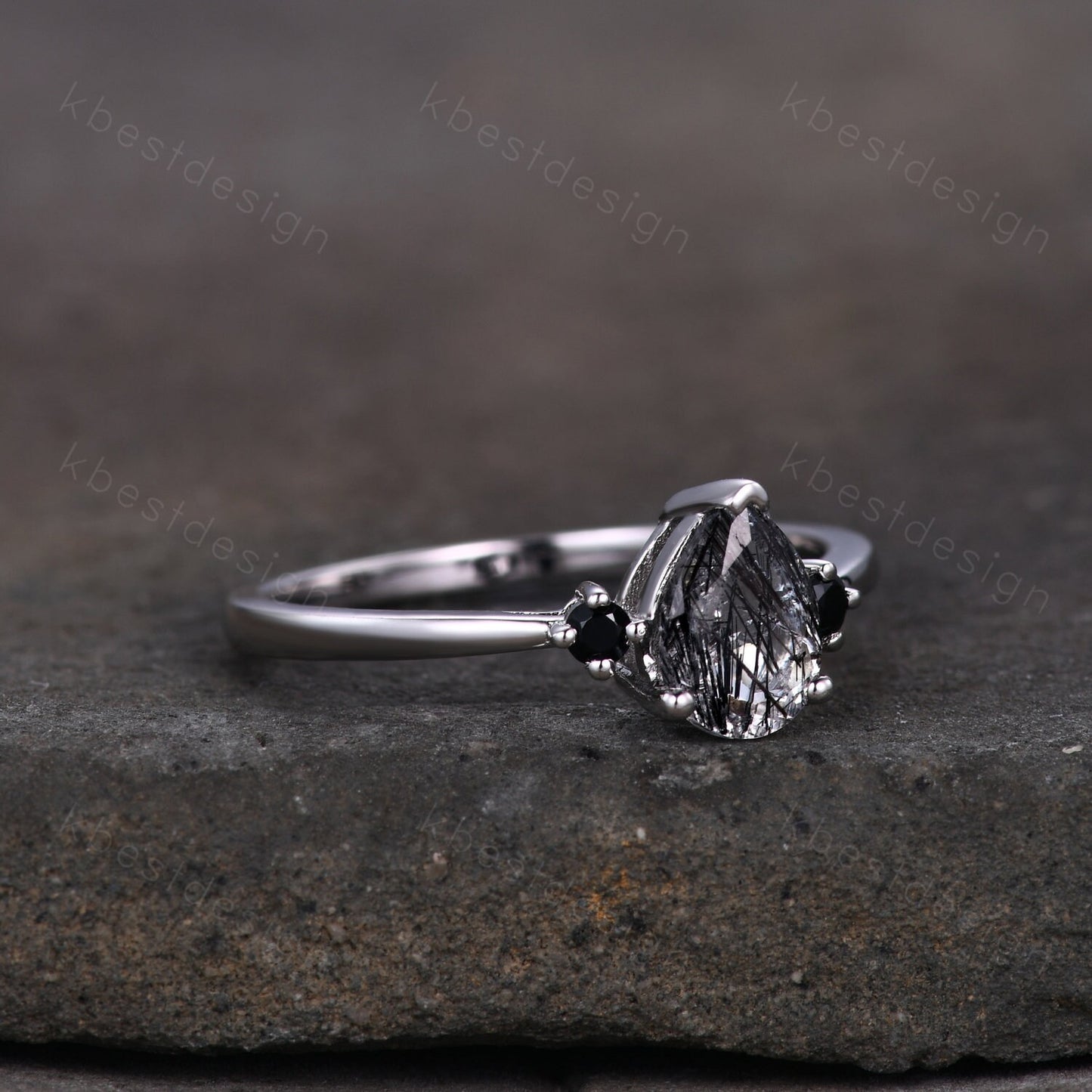 Pear Shaped Black Quartz Rutilated Engagement Ring Dainty Silver Ring Black Gemstone Ring Antique Bridal Ring Anniversary Gift Handmade Ring