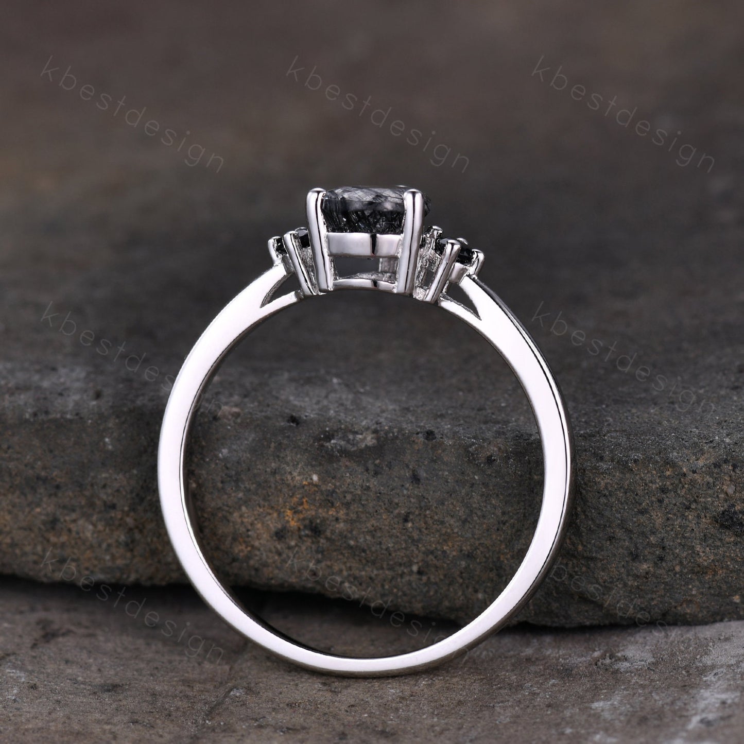 Pear Shaped Black Quartz Rutilated Engagement Ring Dainty Silver Ring Black Gemstone Ring Antique Bridal Ring Anniversary Gift Handmade Ring