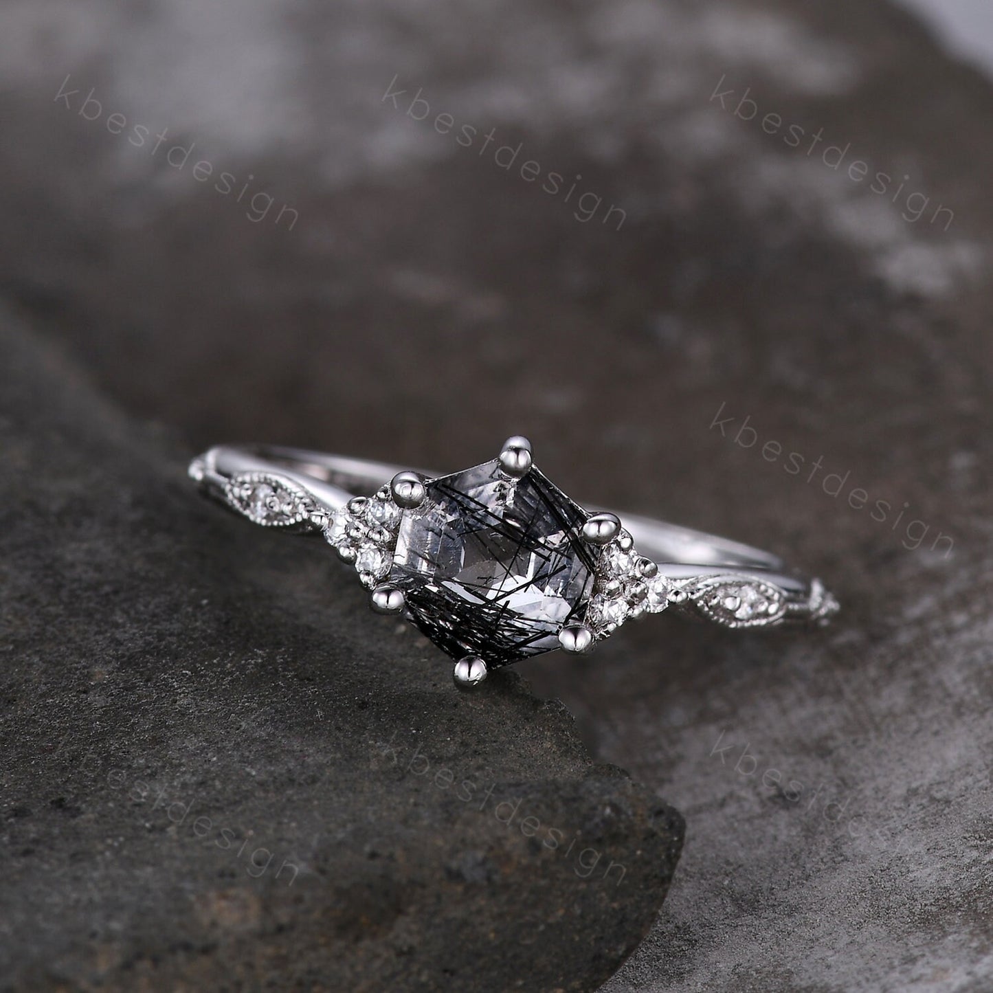Hexagon cut black rutilated quartz engagement ring sterling silver art deco moissanite ring women black gemstone ring anniversary ring