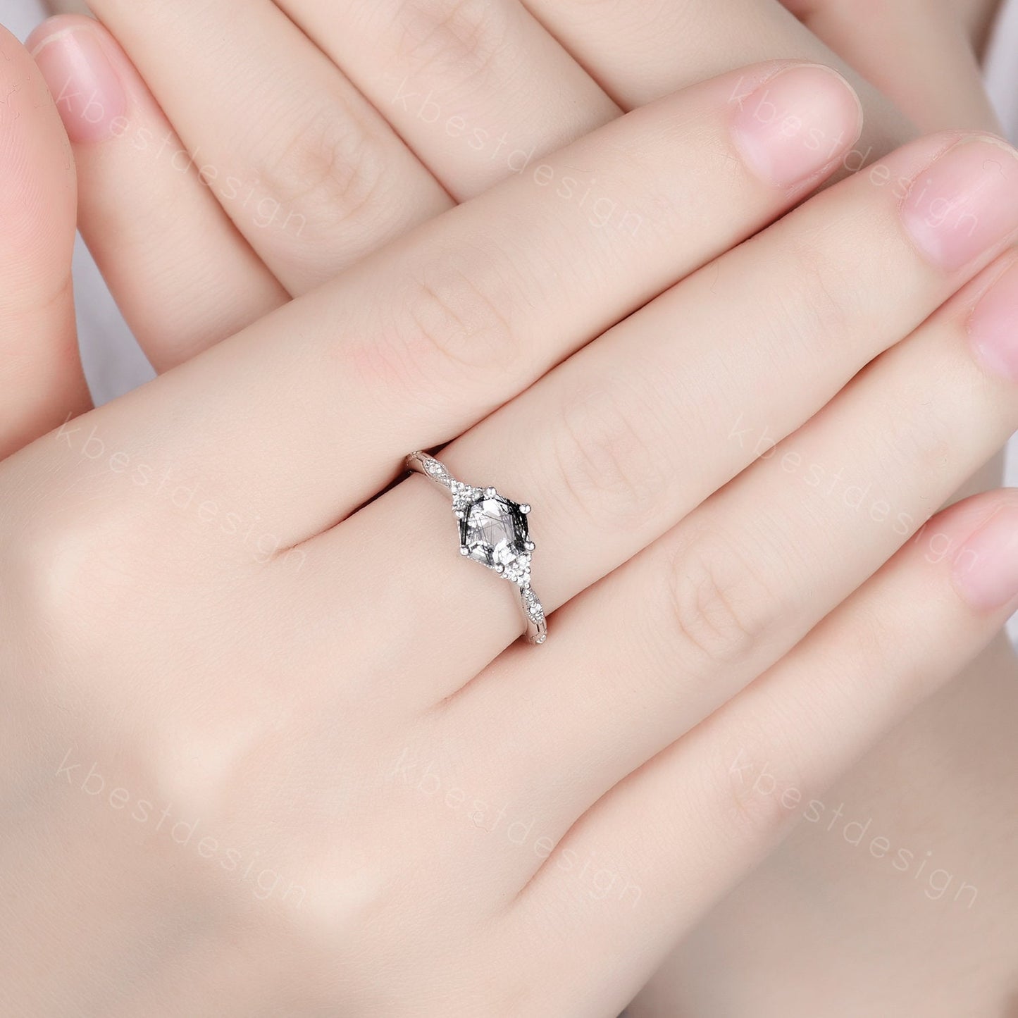 Hexagon cut black rutilated quartz engagement ring sterling silver art deco moissanite ring women black gemstone ring anniversary ring