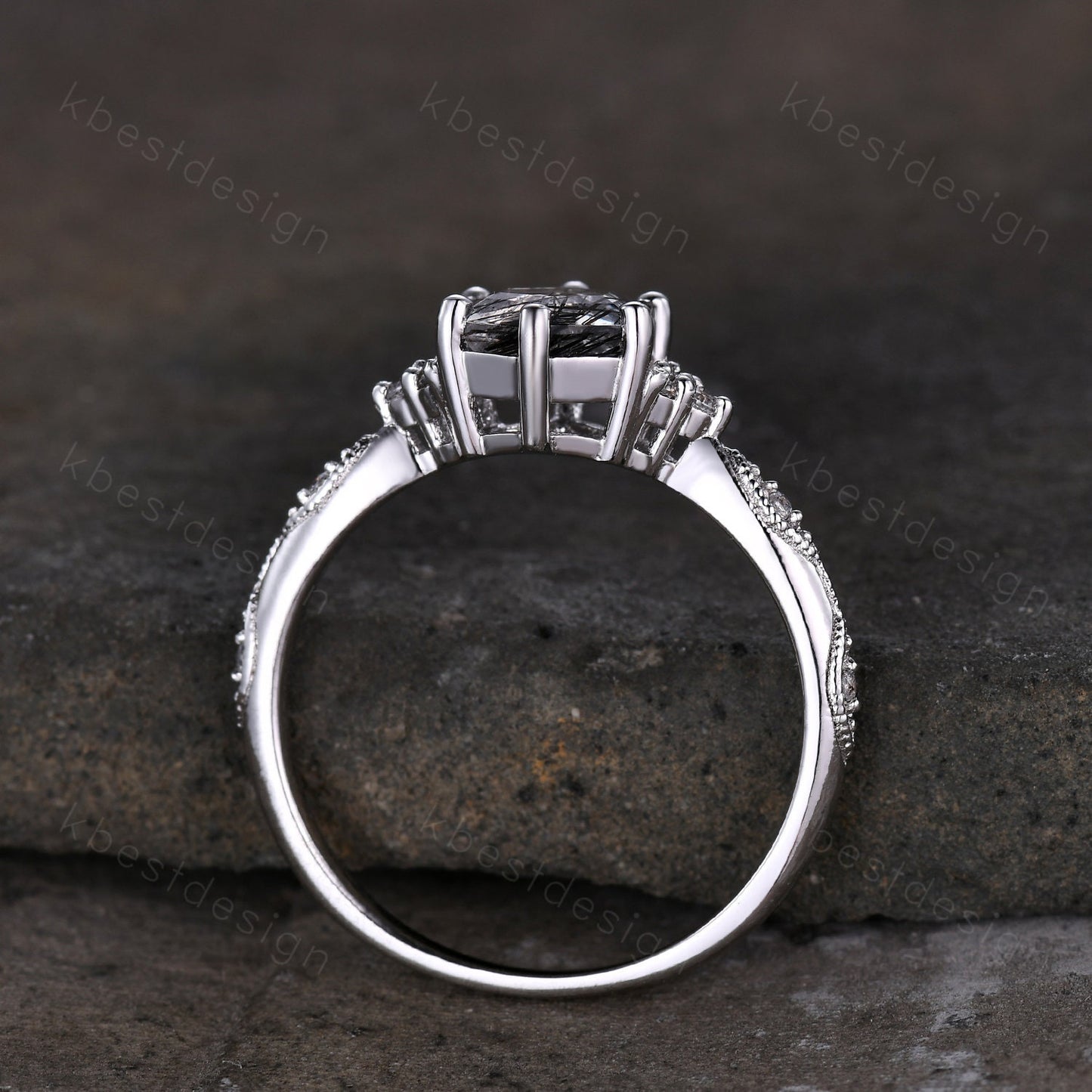 Hexagon cut black rutilated quartz engagement ring sterling silver art deco moissanite ring women black gemstone ring anniversary ring