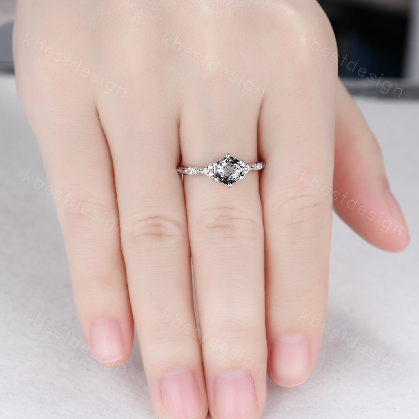 Hexagon cut black rutilated quartz engagement ring sterling silver art deco moissanite ring women black gemstone ring anniversary ring