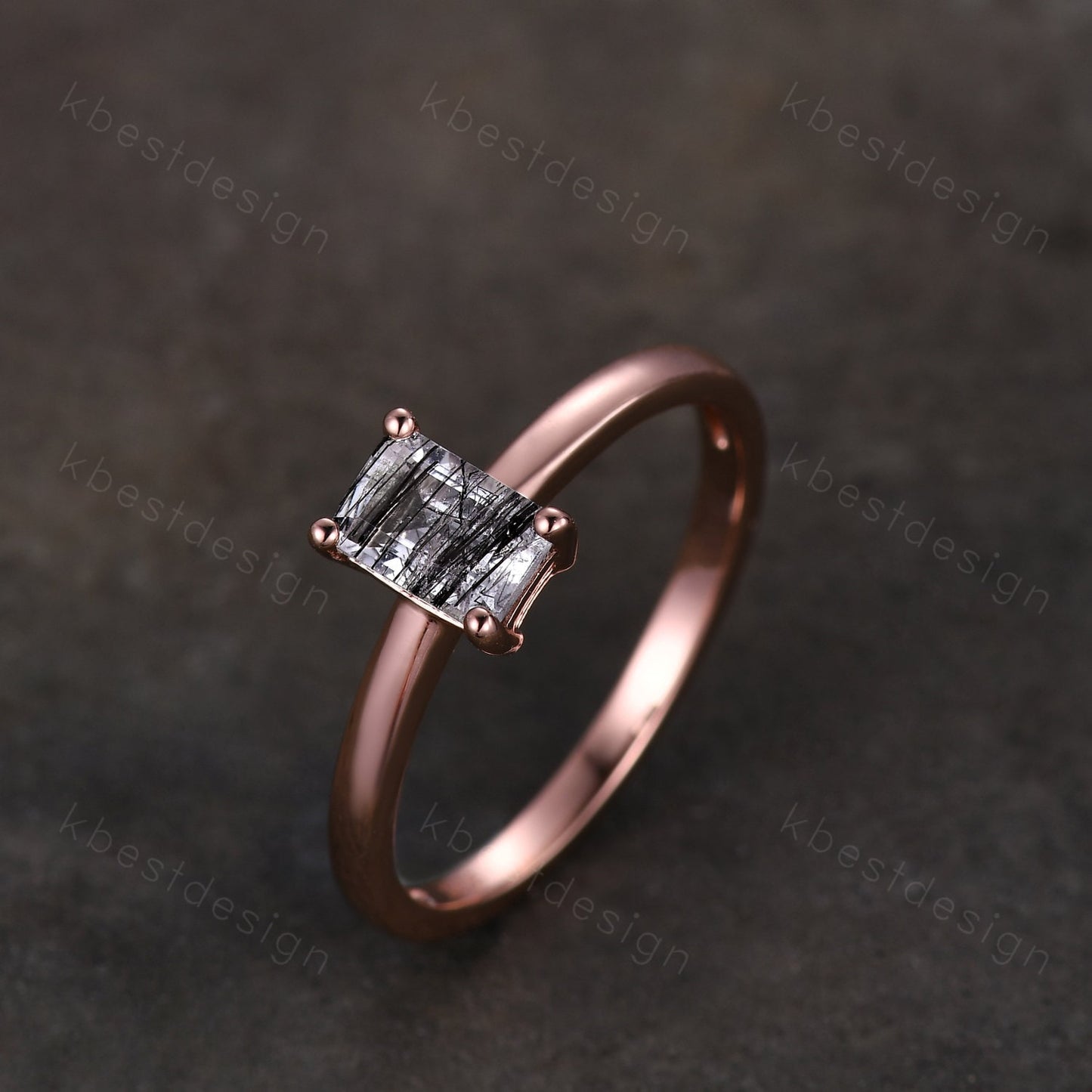 Emerald cut black rutilated quartz ring rose gold solitaire engagement ring minimalist ring delicate black stone ring anniversary ring