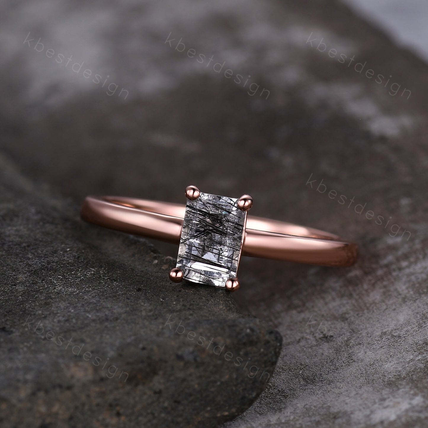Emerald cut black rutilated quartz ring rose gold solitaire engagement ring minimalist ring delicate black stone ring anniversary ring